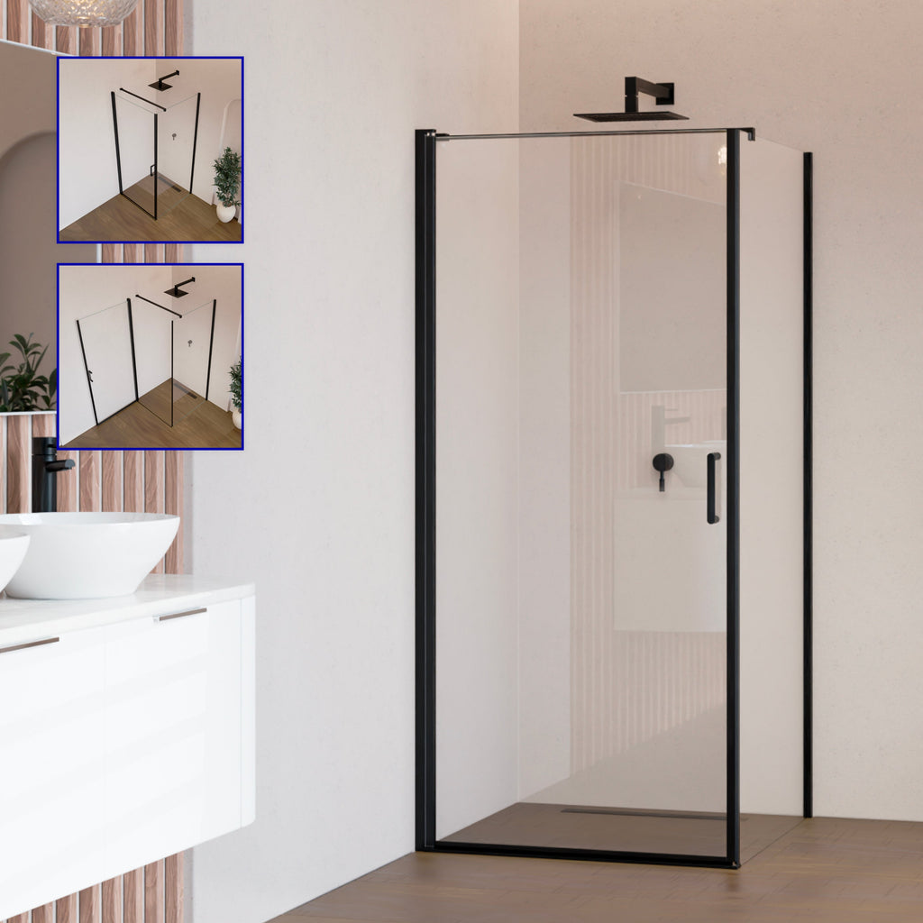 HELLEN - Cabine de duche de frontal com portas articuladas em vidro temperado e perfis em preto