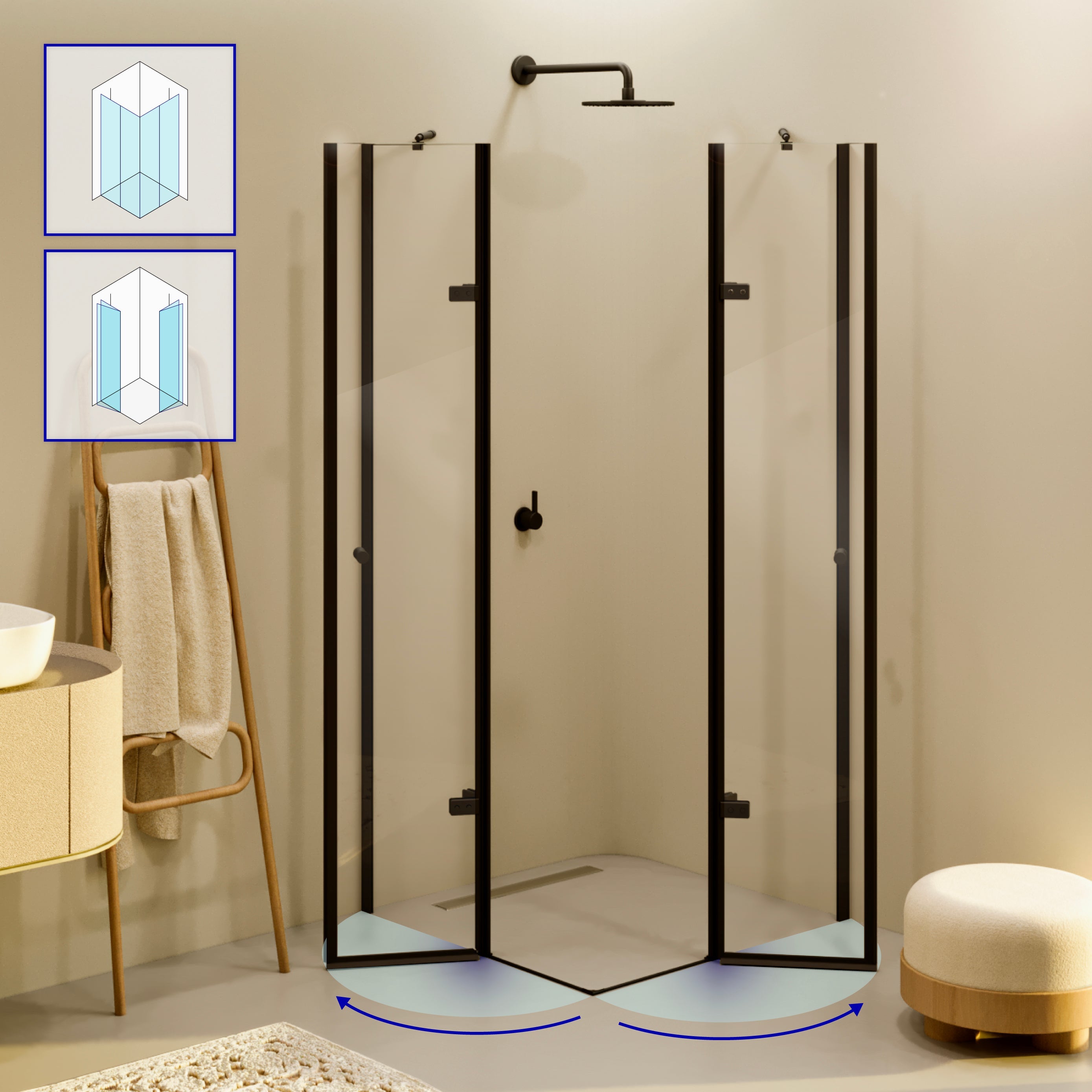 ALICE - Cabina doccia ad angolo con porte articolate in vetro temperato e profili neri