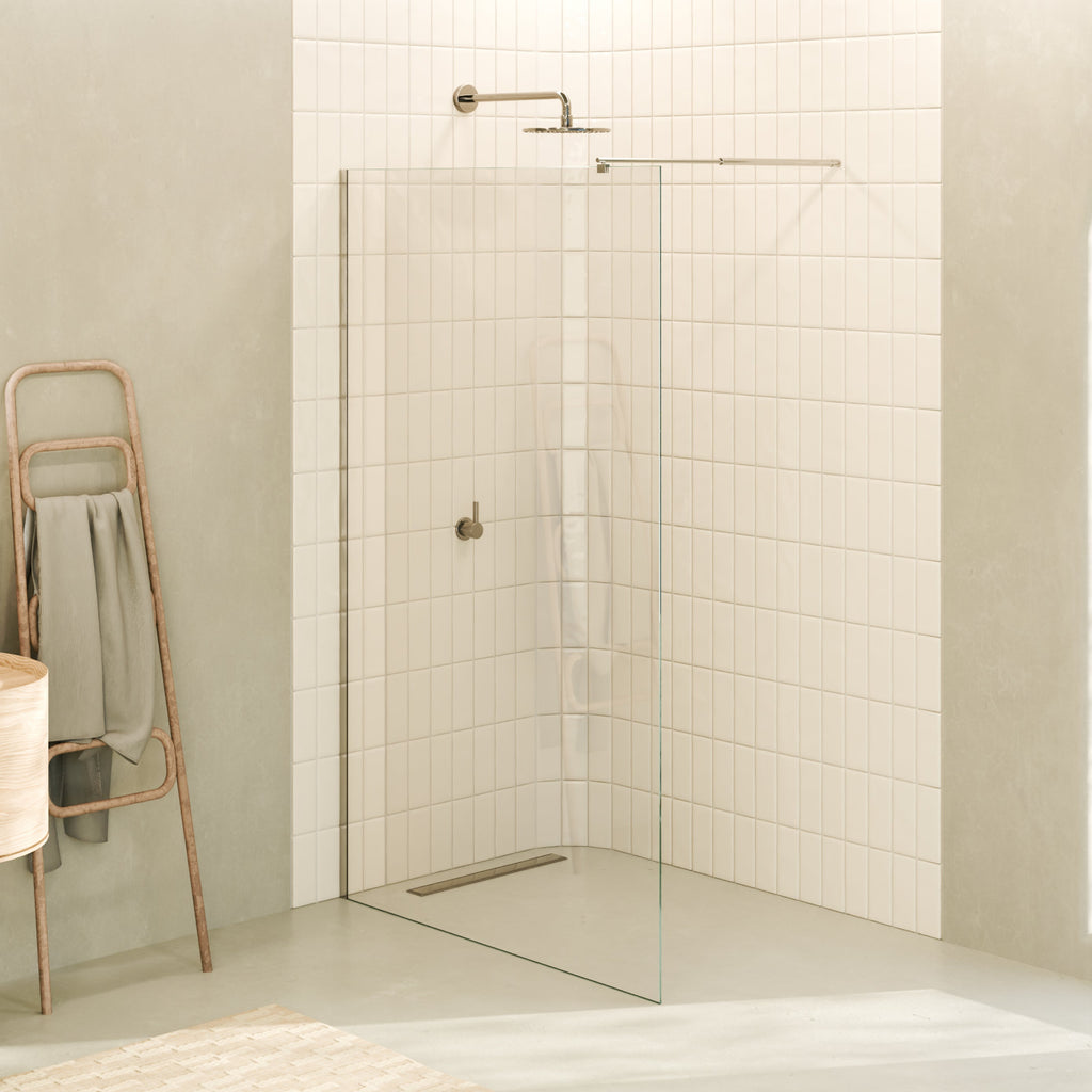 FIONA - Panel de Ducha Walk-In en Vidrio Transparente 10 mm con Perfil y Barra Estabilizadora Cromado