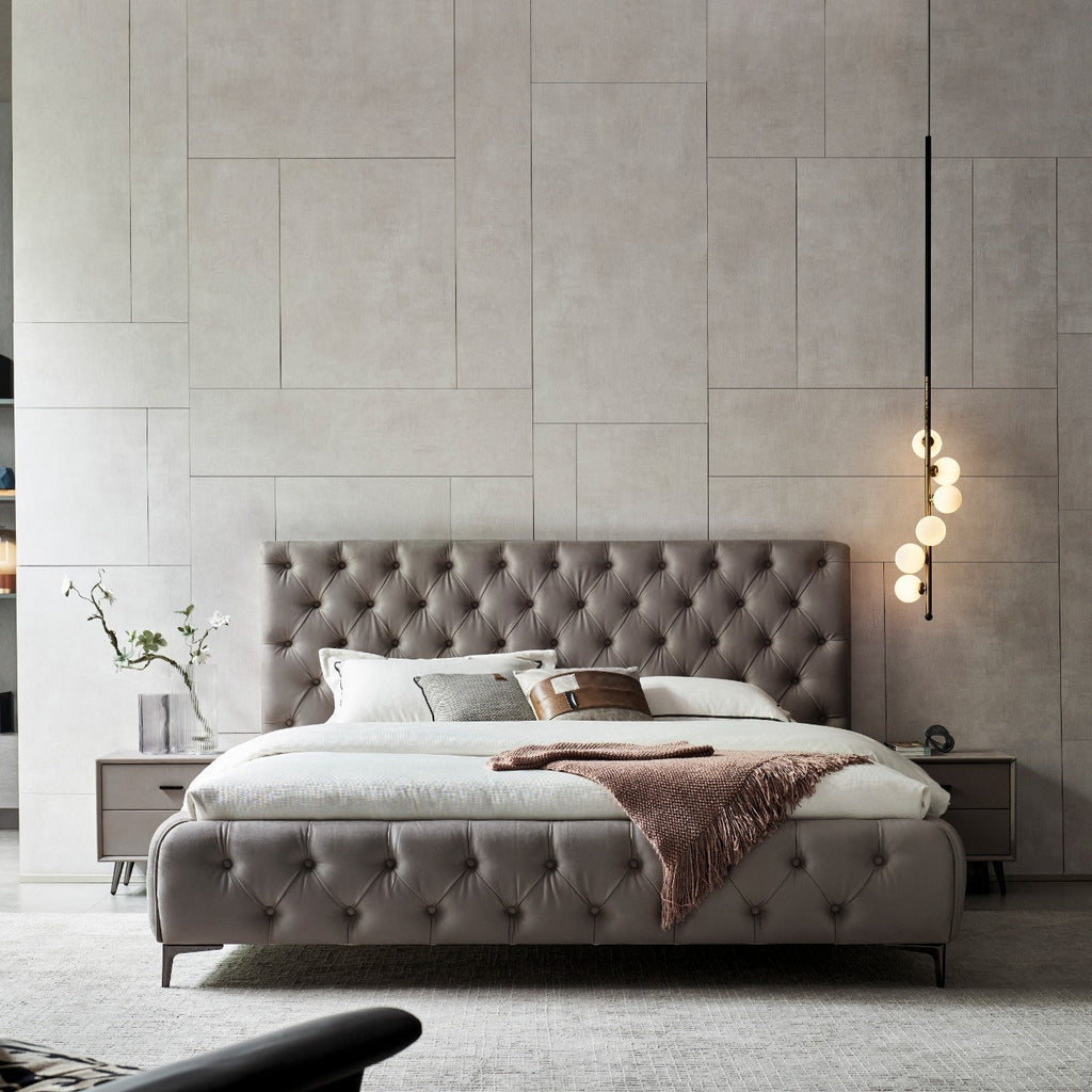 AMOUR – Cama estofada branca ou cinzenta com cabeceira acolchoada, com ou sem cristais