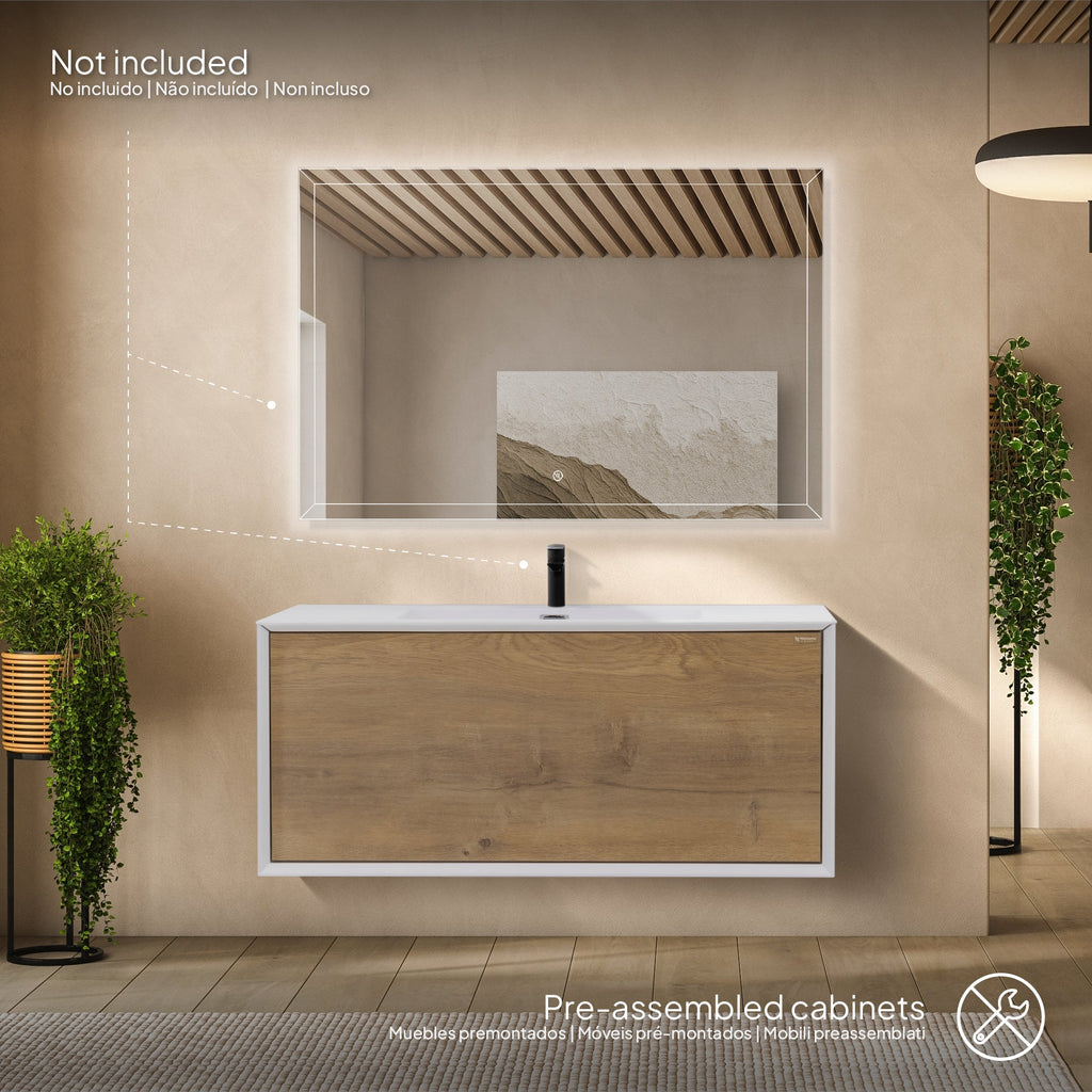 Hebe - Mueble de lavabo suspendido 90 cm blanco mate/roble con soft-close