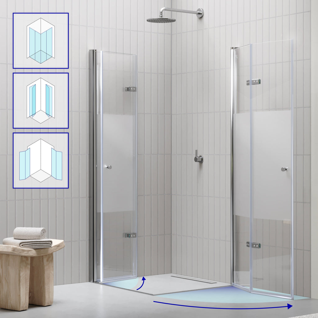 EMMA - Cabine de duche com vidro meio fosco 6mm - Portas articuladas e perfis em Inox