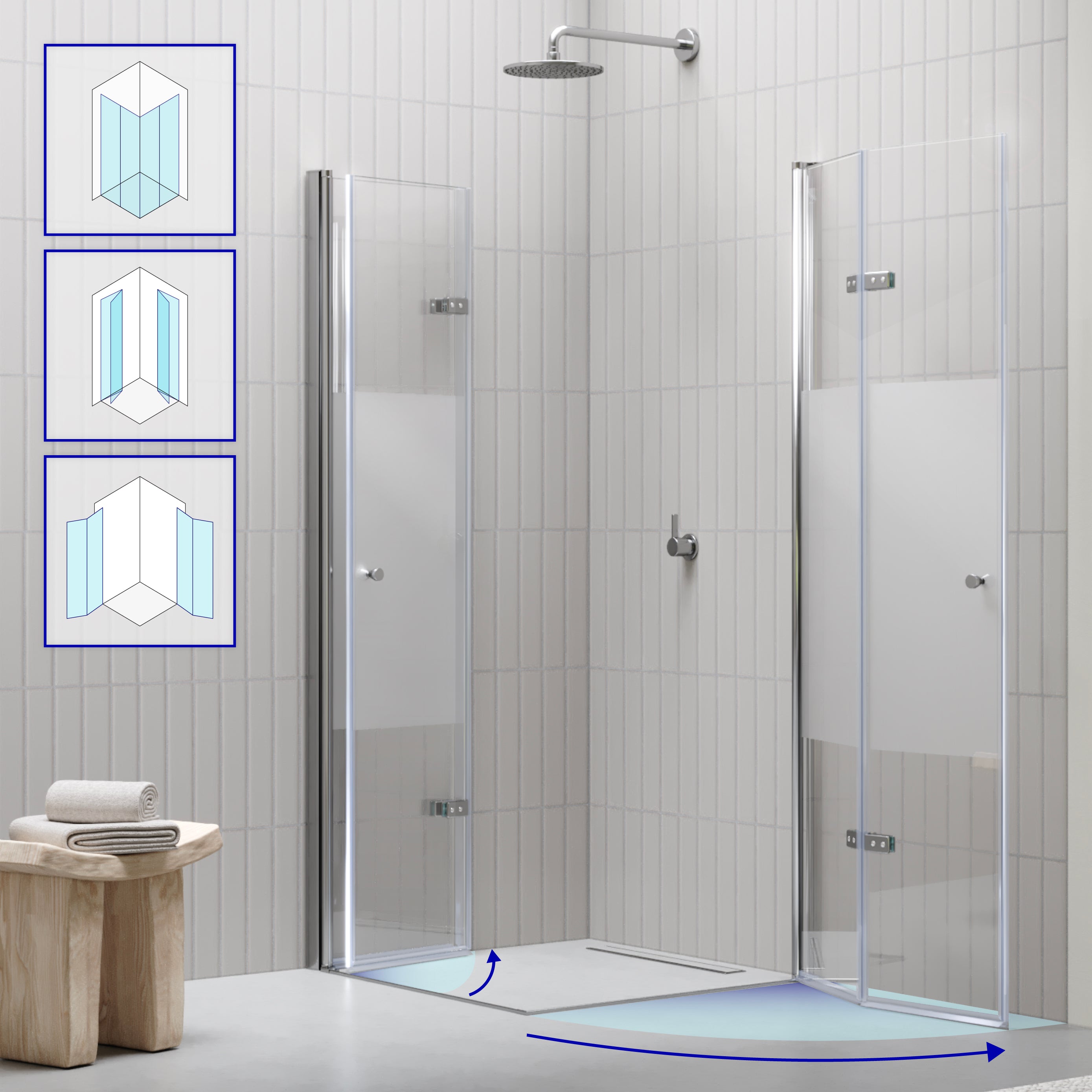 EMMA - Cabine de duche com vidro meio fosco 6mm - Portas articuladas e perfis em Inox