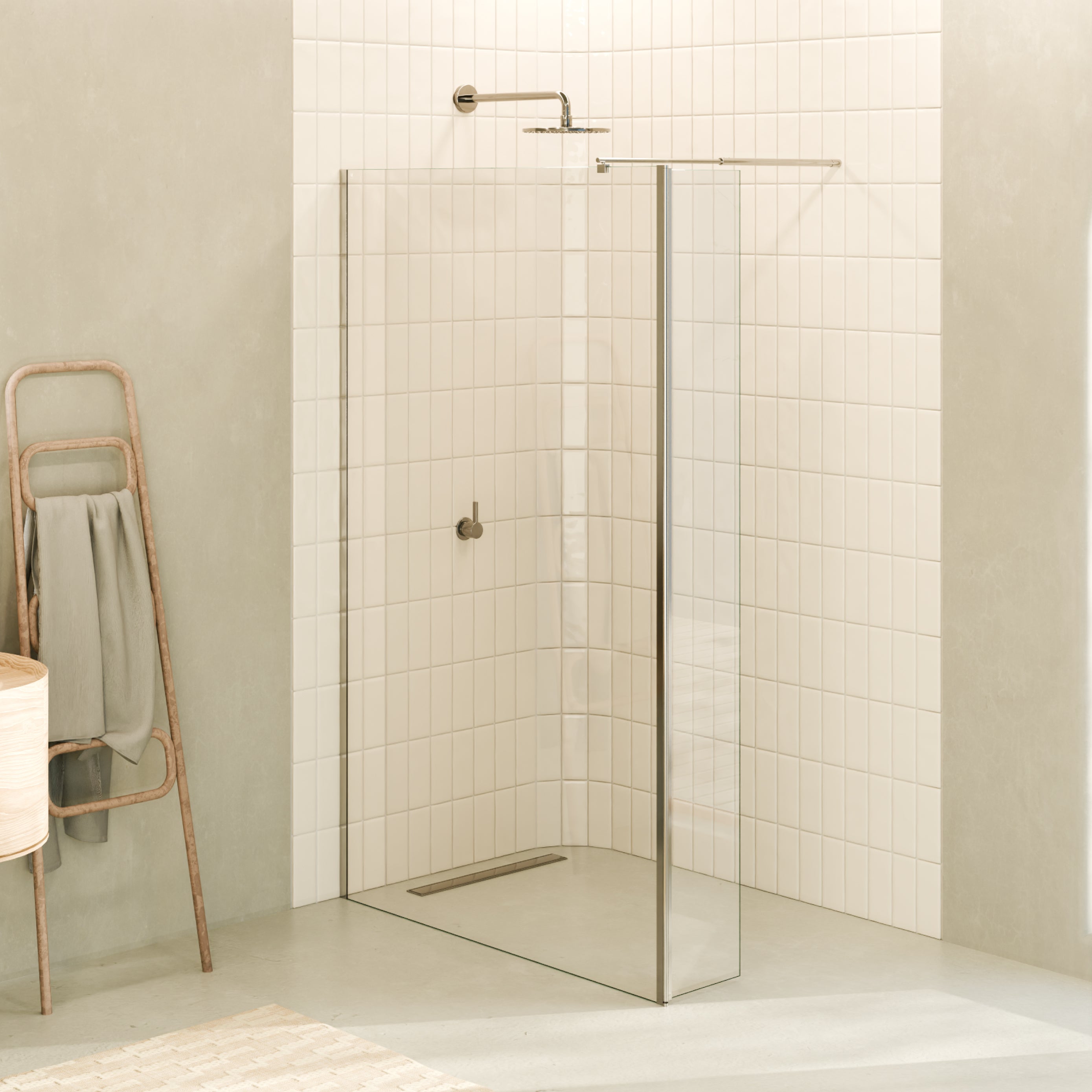 FIONA - Painel de duche walk-In com painel lateral giratório 40 cm em vidro transparente 10mm com perfil e barra estabilizadora cromado