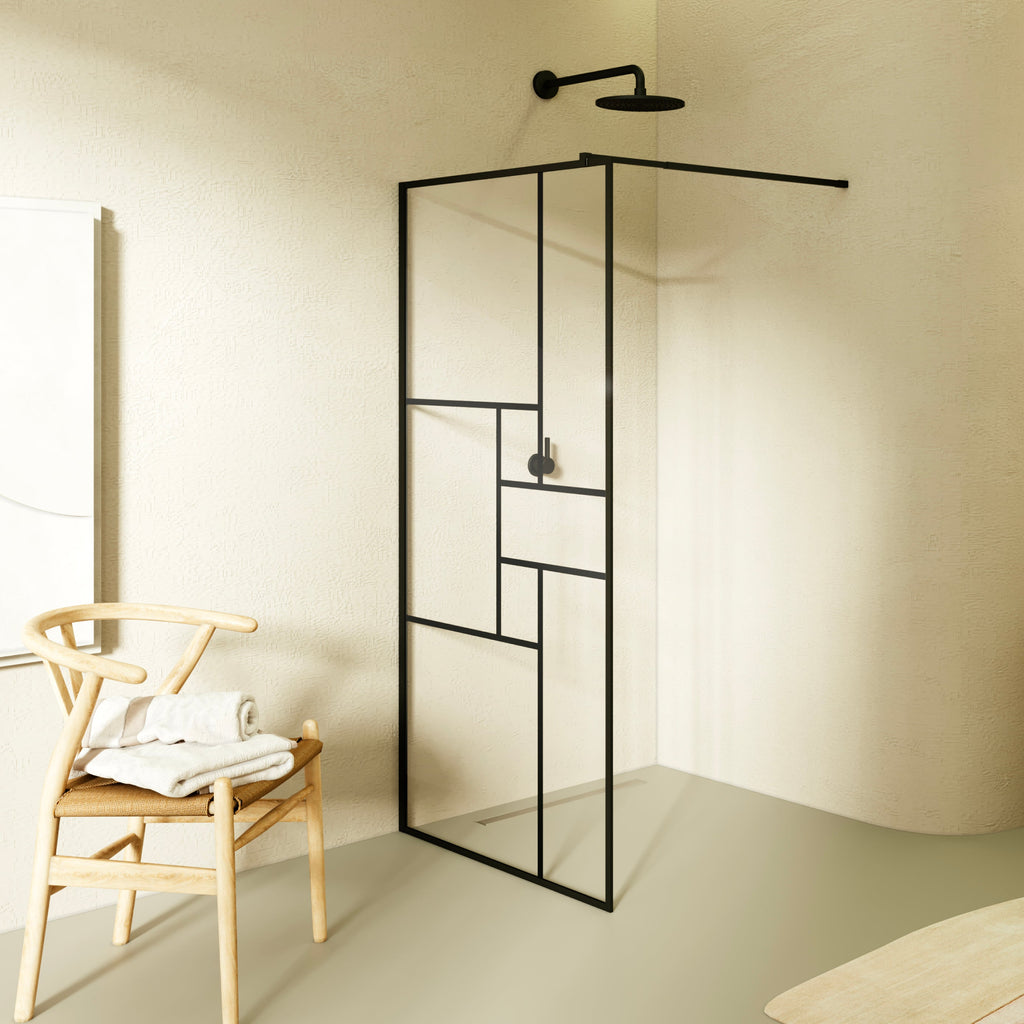 GIANNA - Panel de Ducha Walk-In en Vidrio Templado con Bloques, Perfil Negro y Barra Estabilizadora