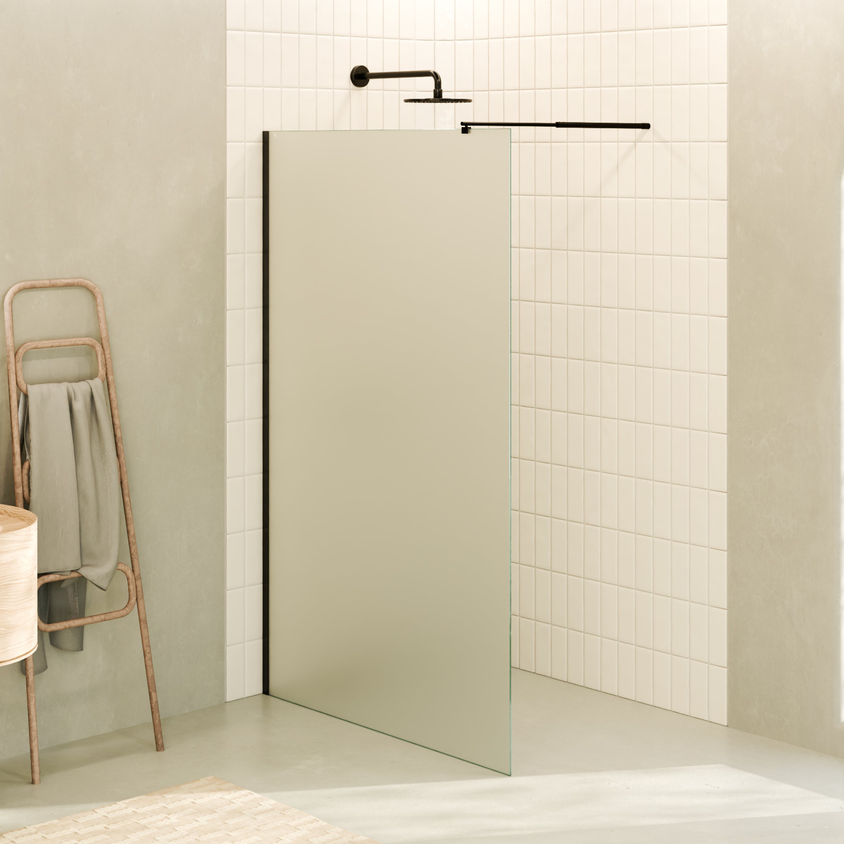 FIONA - Painel de duche walk-in em vidro fosco 10mm com perfil e barra estabilizadora preto