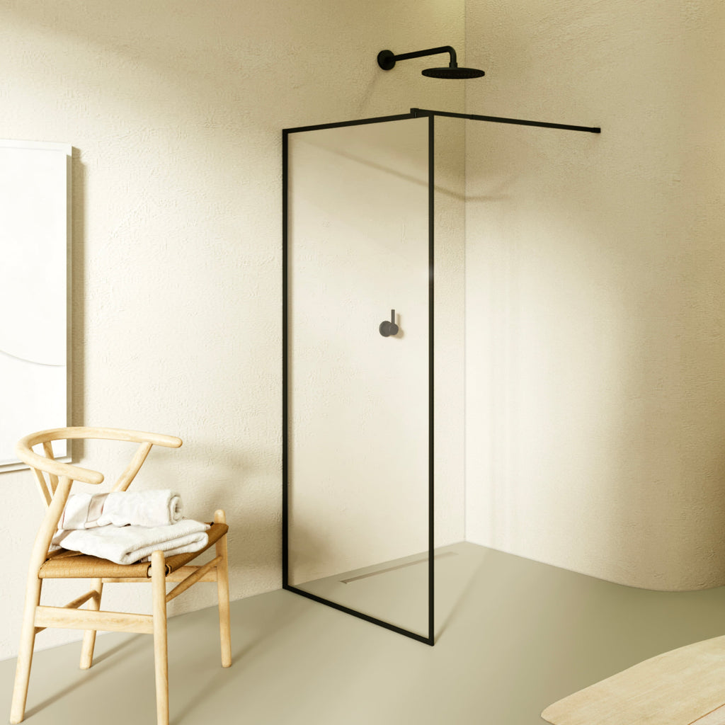 GIANNA - Panel de Ducha Walk-In en Vidrio Templado con Perfil Negro y Barra Estabilizadora