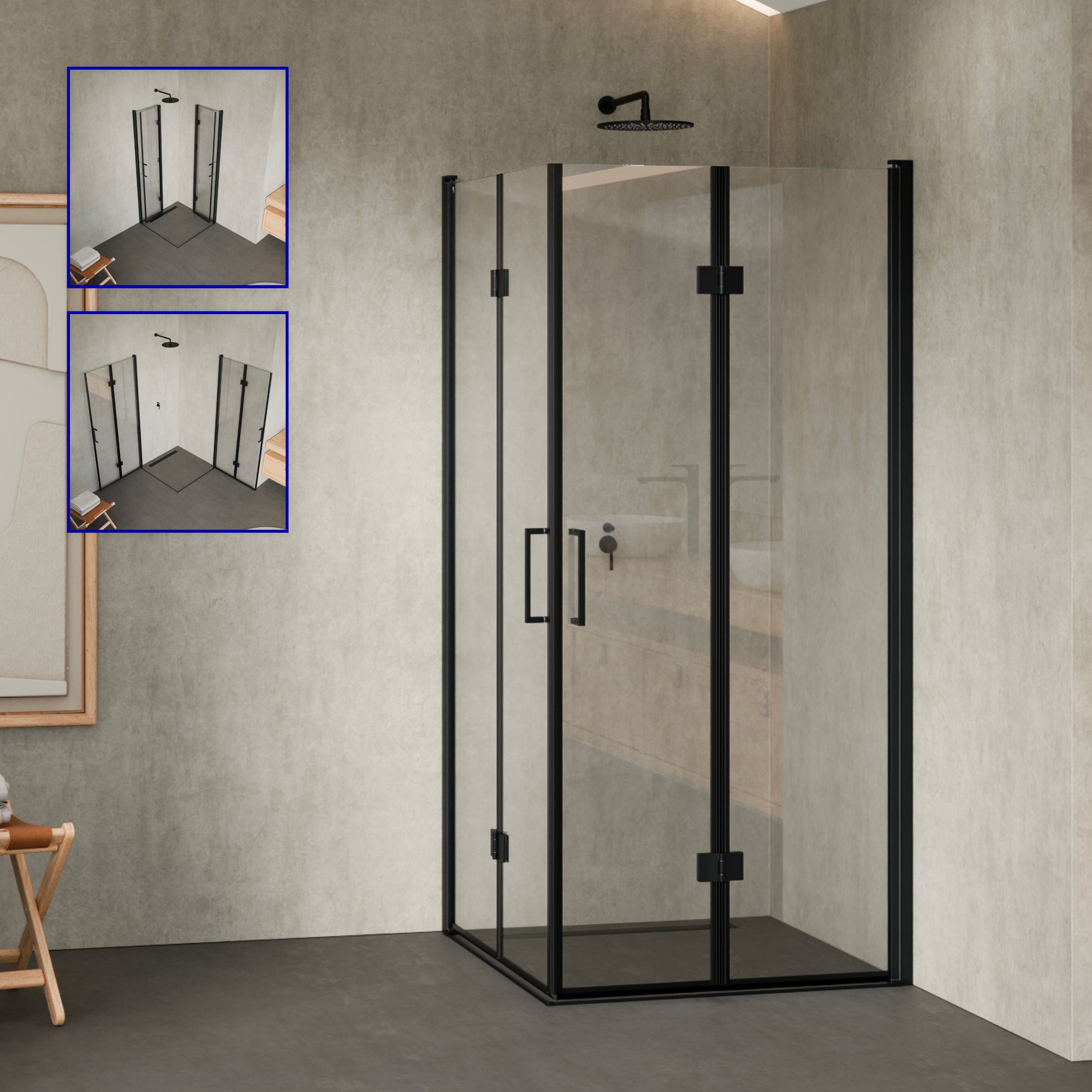 BELLE - Cabina doccia con ingresso ad angolo e porte pieghevoli in vetro temperato e profili neri