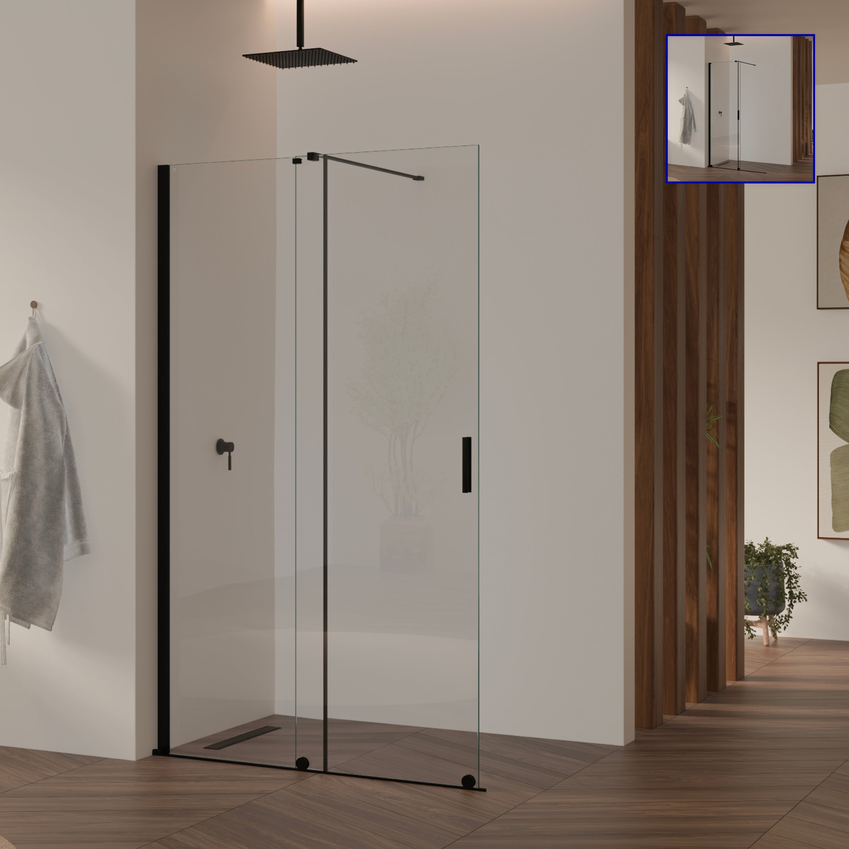 NADINE - Panel de Ducha Walk-In en Vidrio Templado 8 mm con Perfil Negro