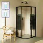 ELLA - Cabina de ducha de cuadrante con vidrio transparente, líneas negras y puertas correderas
