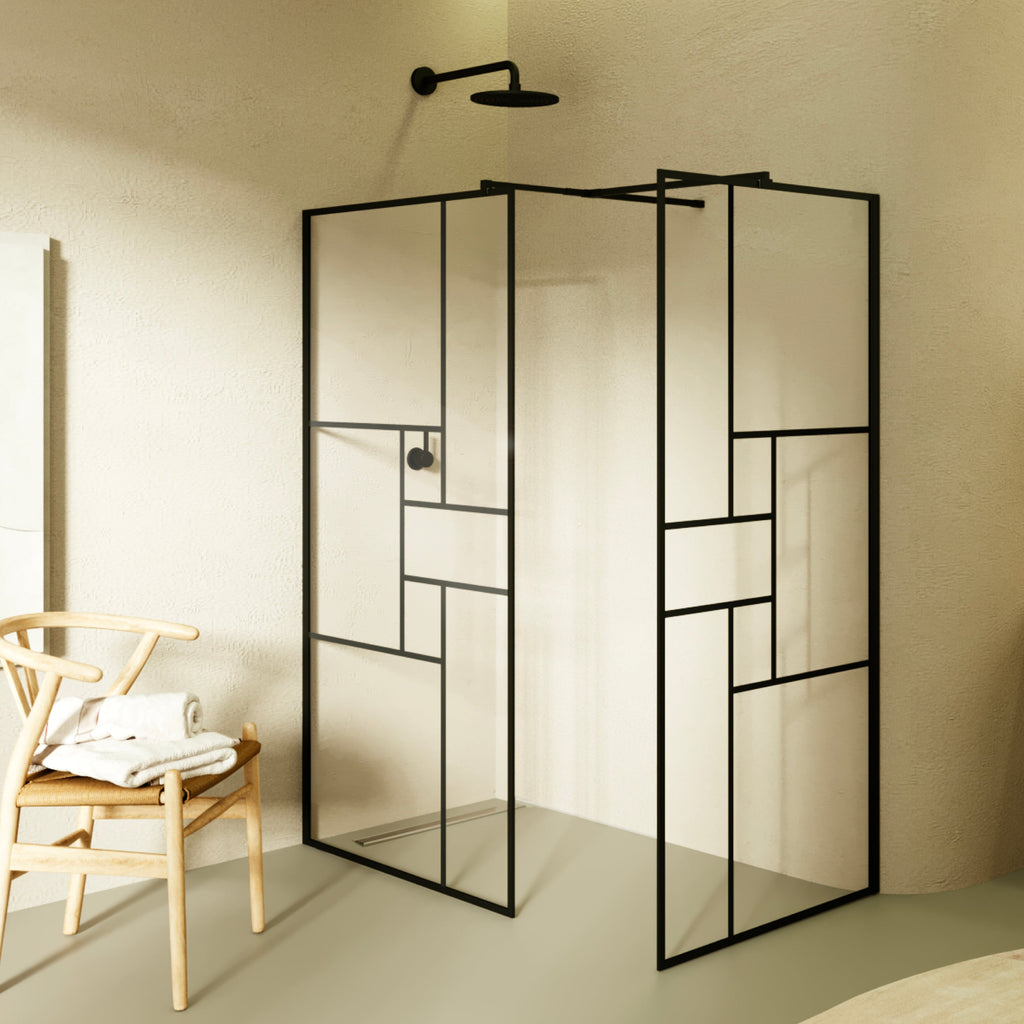 GIANNA – Painel de duche walk-In com 2 painéis em vidro temperado c/ blocos e perfil preto com barra estabilizadora