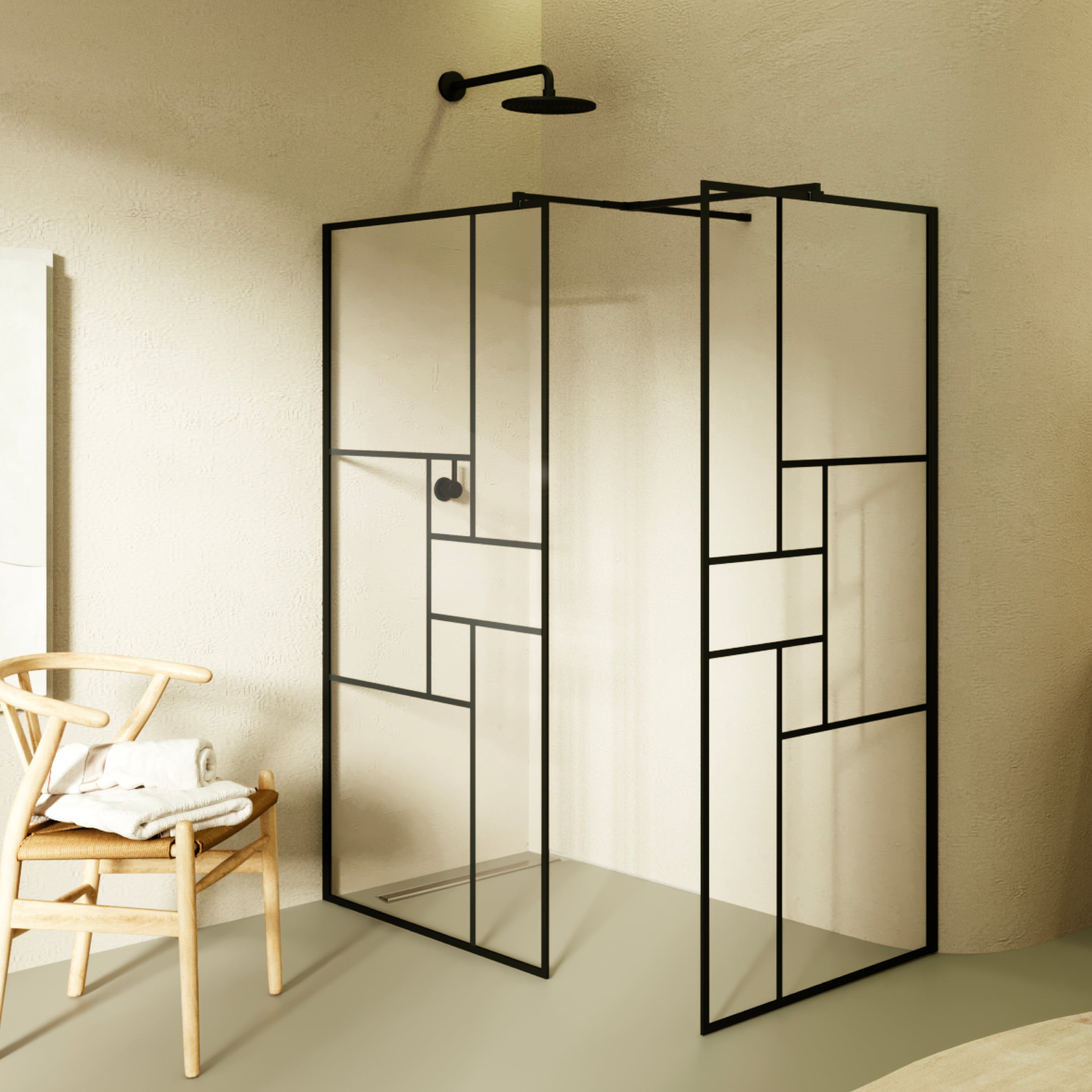 GIANNA – Painel de duche walk-In com 2 painéis em vidro temperado c/ blocos e perfil preto com barra estabilizadora