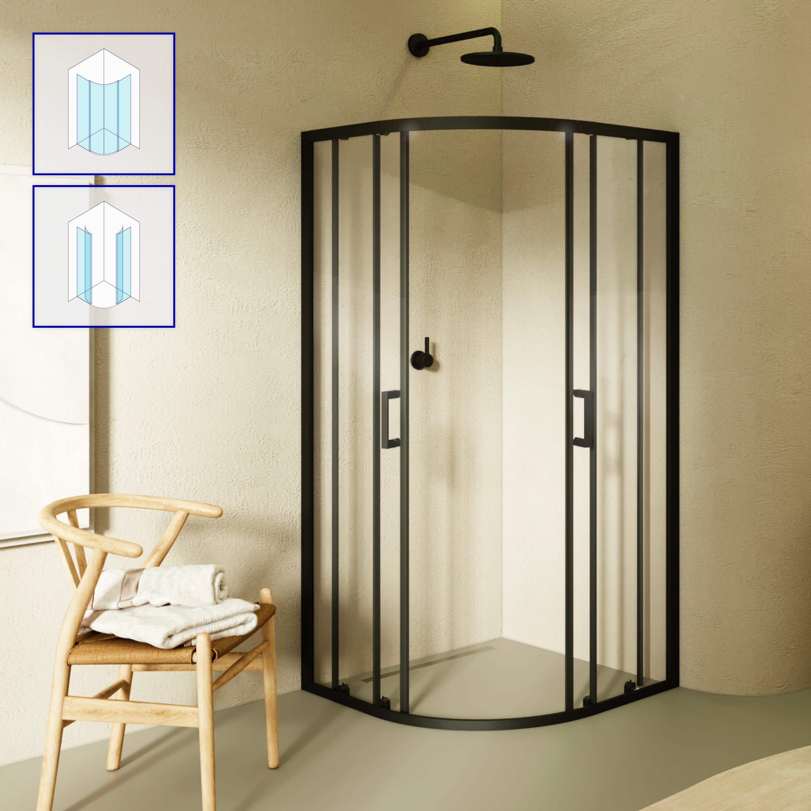 ELLA - Cabina de ducha de cuadrante en vidrio transparente, puertas correderas y perfiles en negro