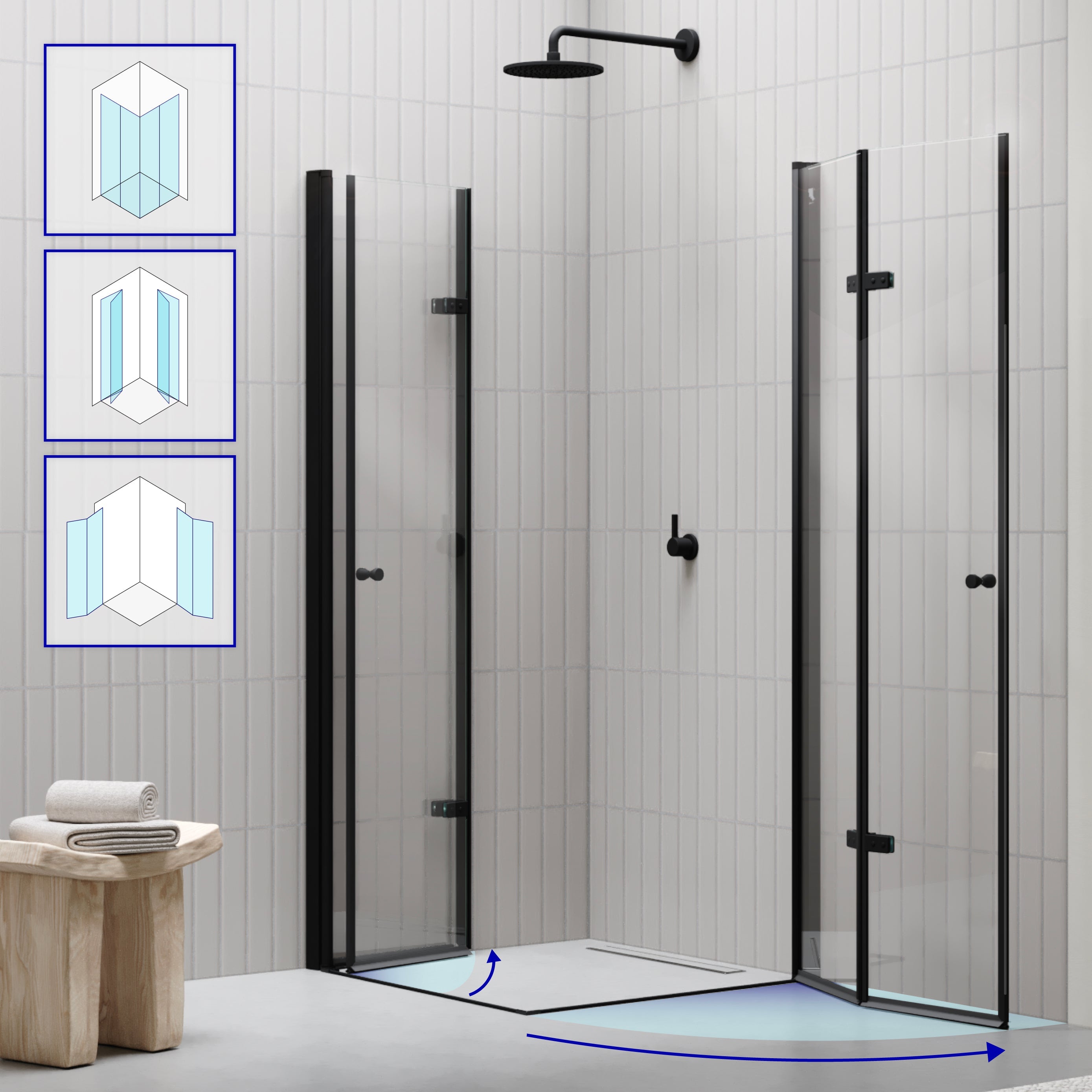 EMMA - Cabine de Duche com vidro transparente 6mm - Portas articuladas e perfis em preto