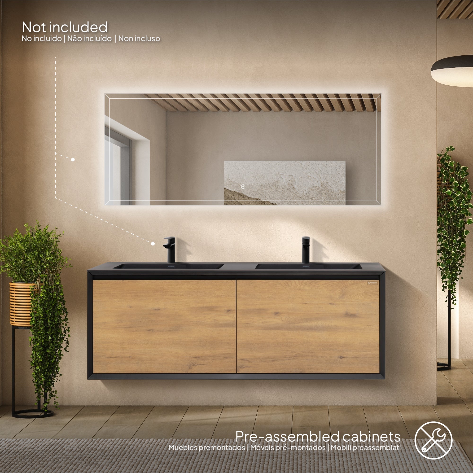 Fidia – Móvel de lavatório duplo suspenso Preto/Carvalho | 150 ou 190 cm