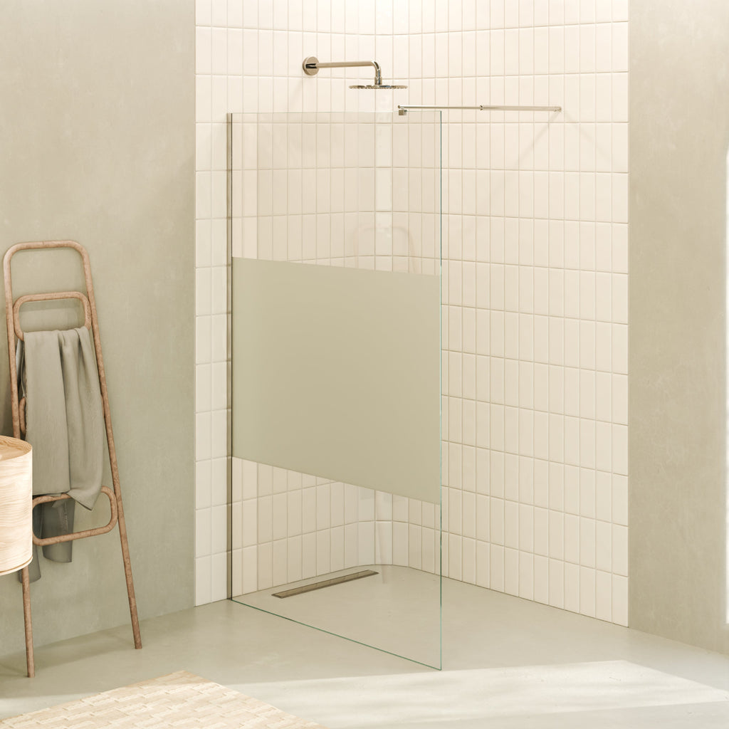 FIONA - Panel de Ducha Walk-In en Vidrio Parcialmente Esmerilado 10 mm con perfil y Barra Estabilizadora Cromado