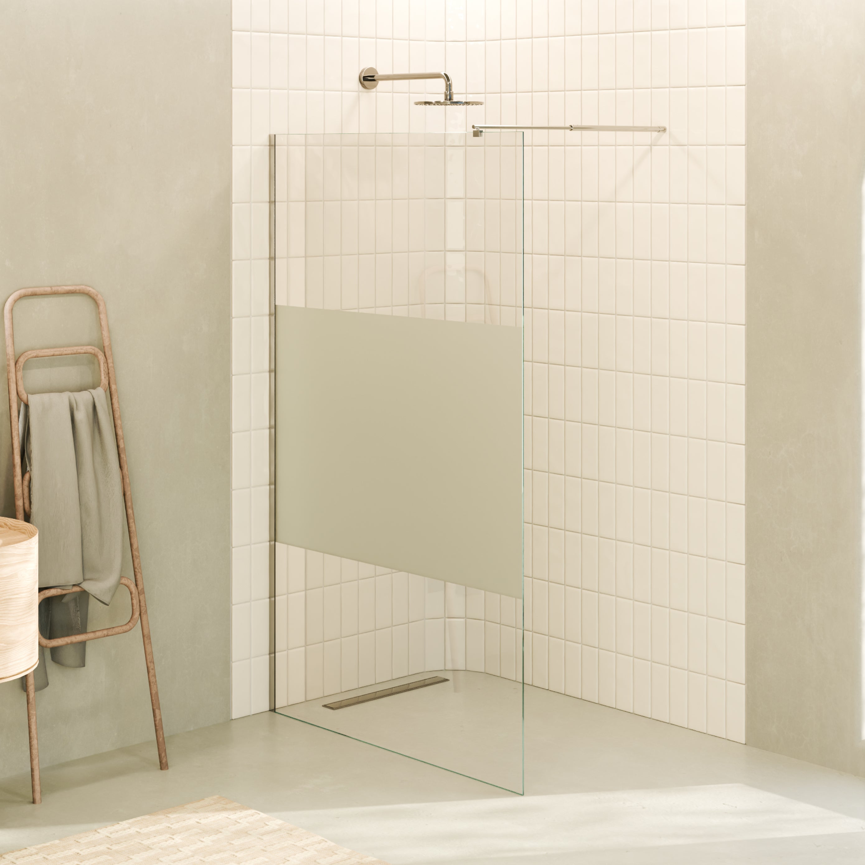 FIONA - Panel de Ducha Walk-In en Vidrio Parcialmente Esmerilado 10 mm con perfil y Barra Estabilizadora Cromado