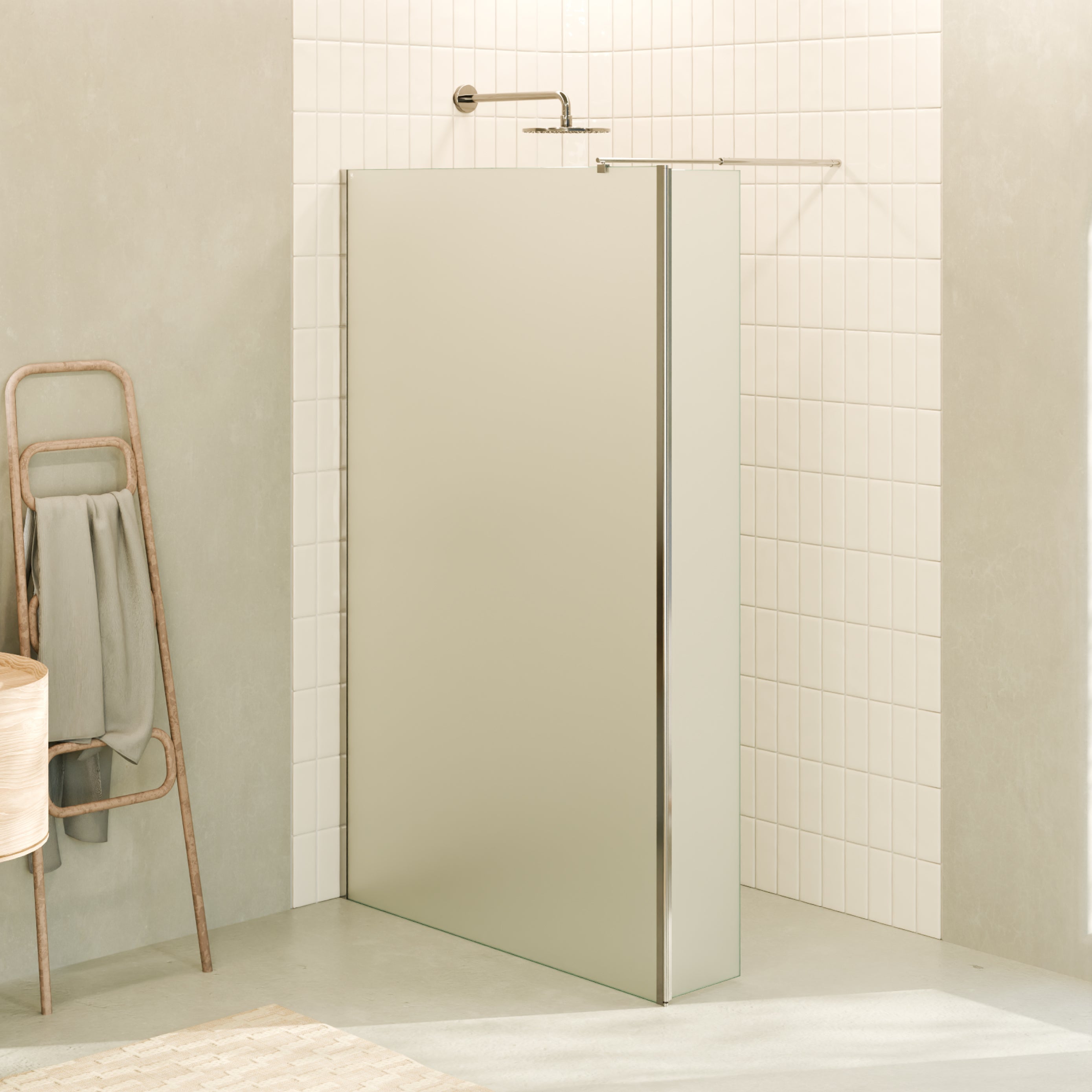 FIONA - Painel de duche walk-In com painel lateral giratório 40 cm em vidro satinado 10mm com perfil e barra estabilizadora cromado