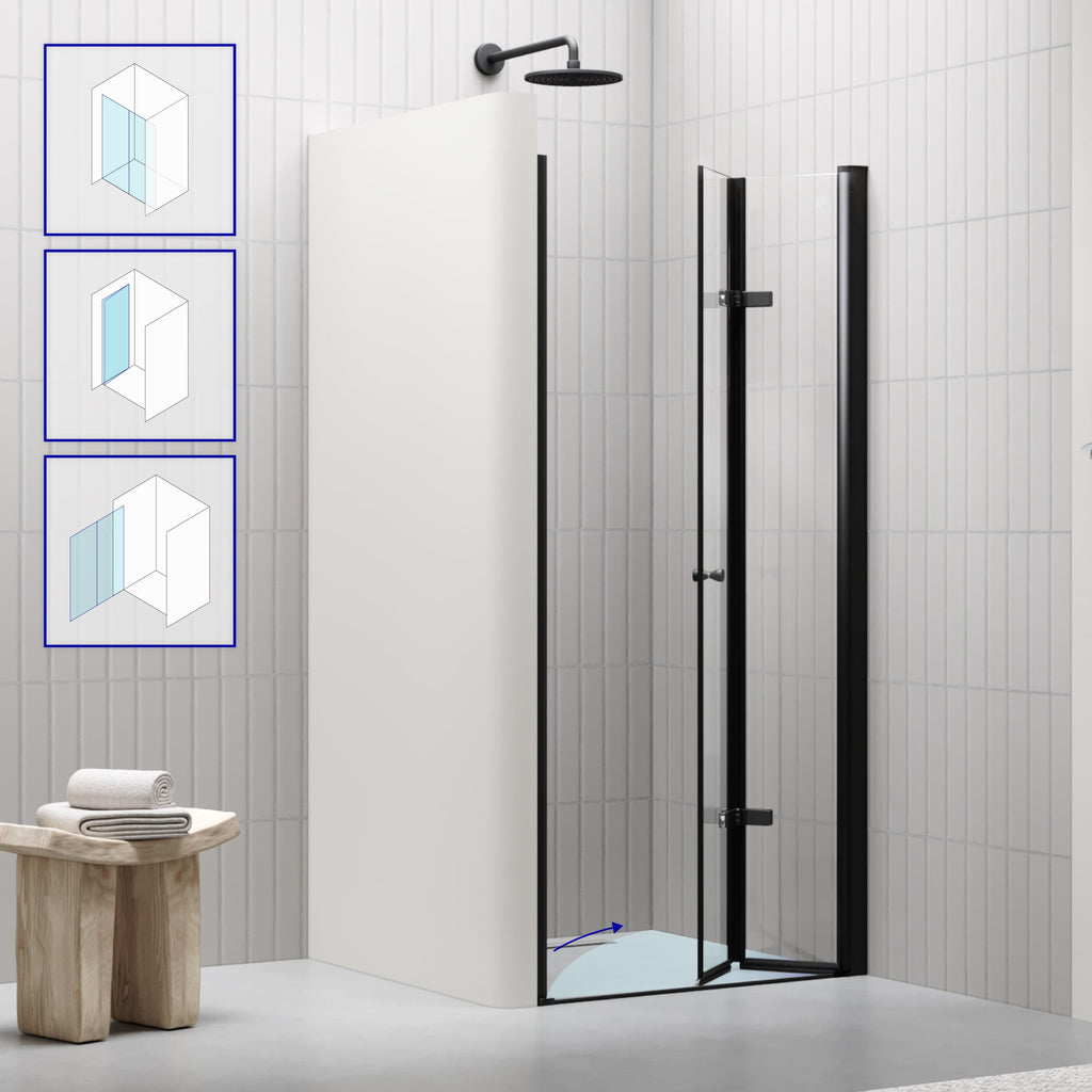 MILA - Puerta plegable en vidrio templado de 6 mm con perfiles negros - Varios tamaños