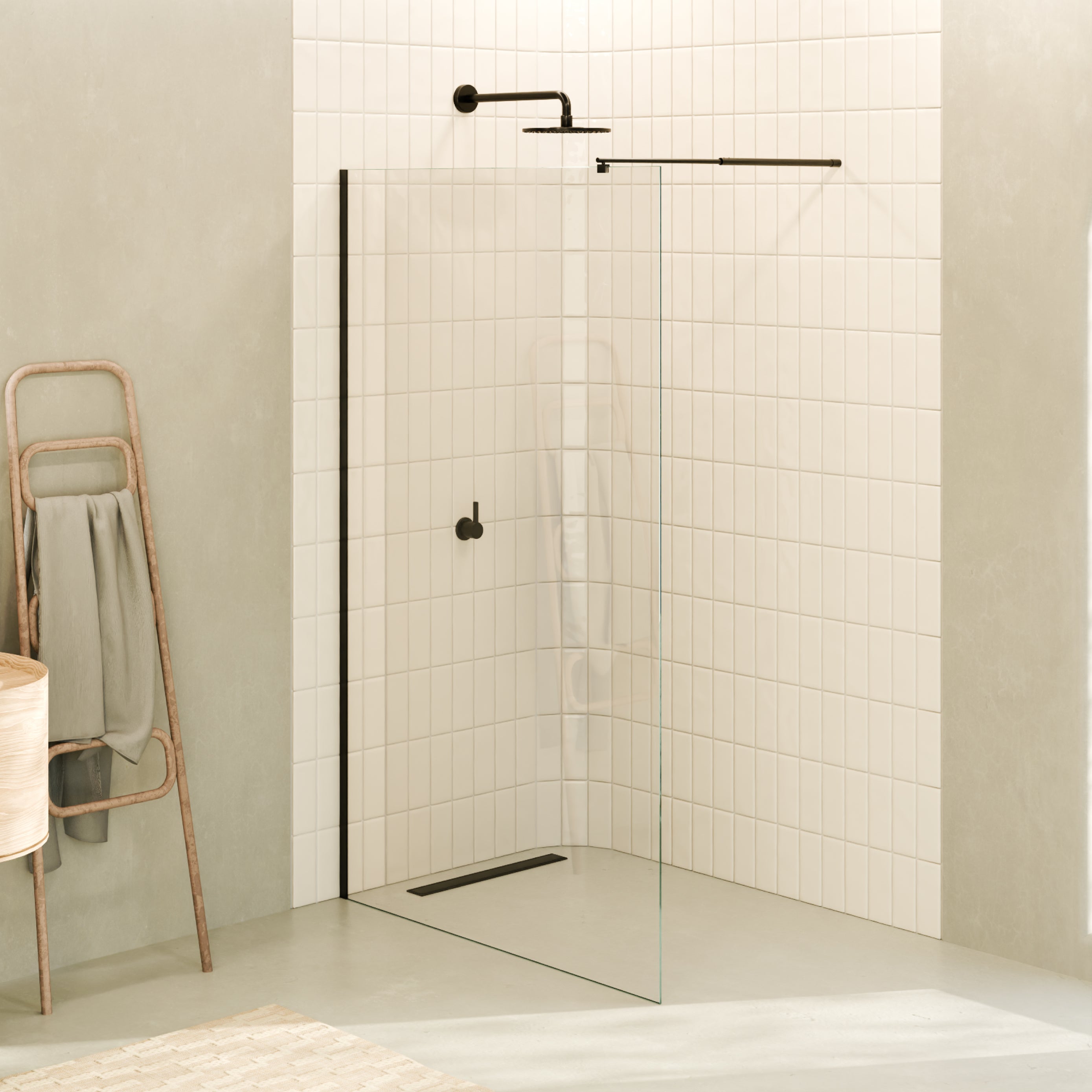 FIONA - Panel de ducha walk-in de vidrio transparente de 10 mm con perfil y barra estabilizadora negros
