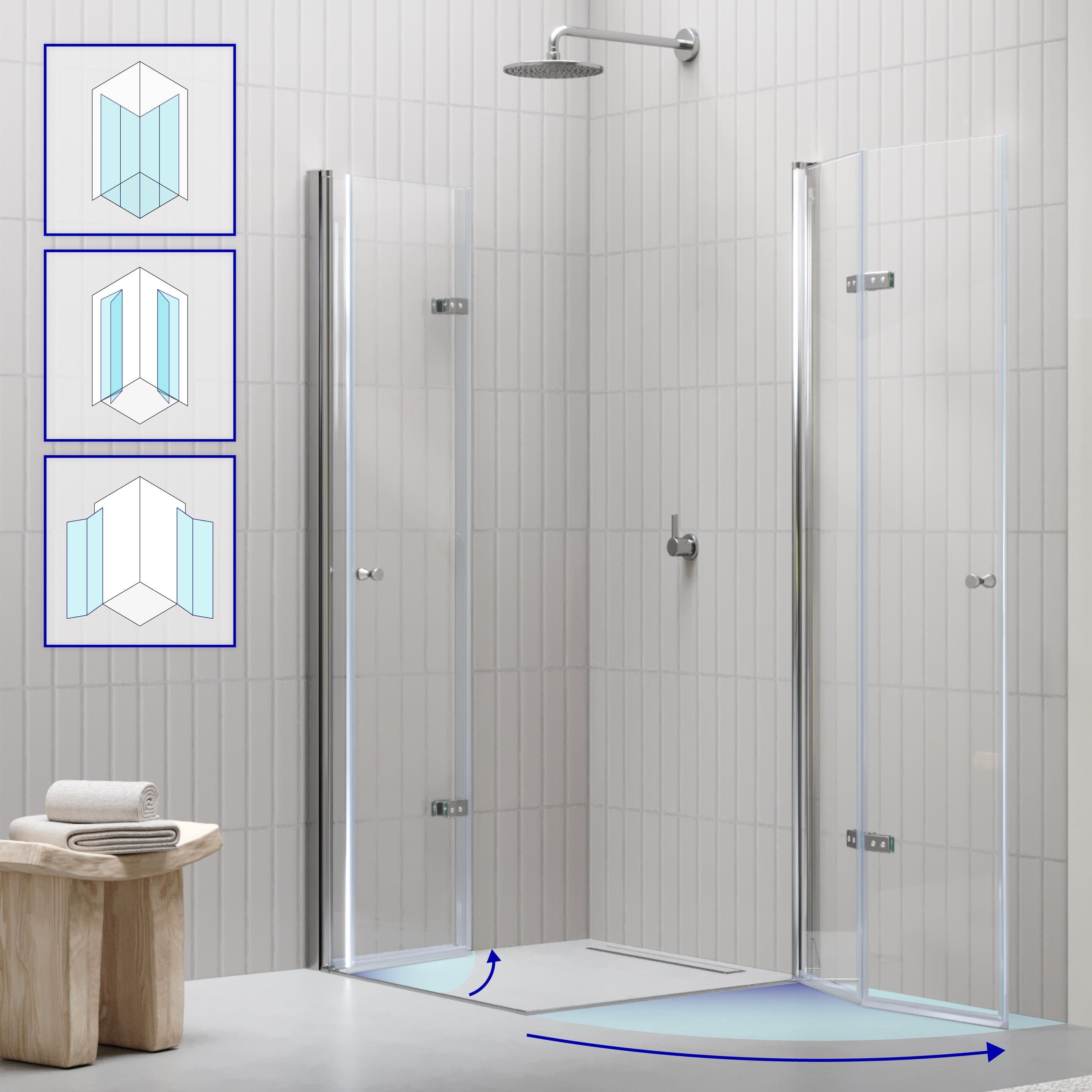 EMMA - Cabine de duche com vidro transparente 6mm - Portas articuladas e perfis em Inox