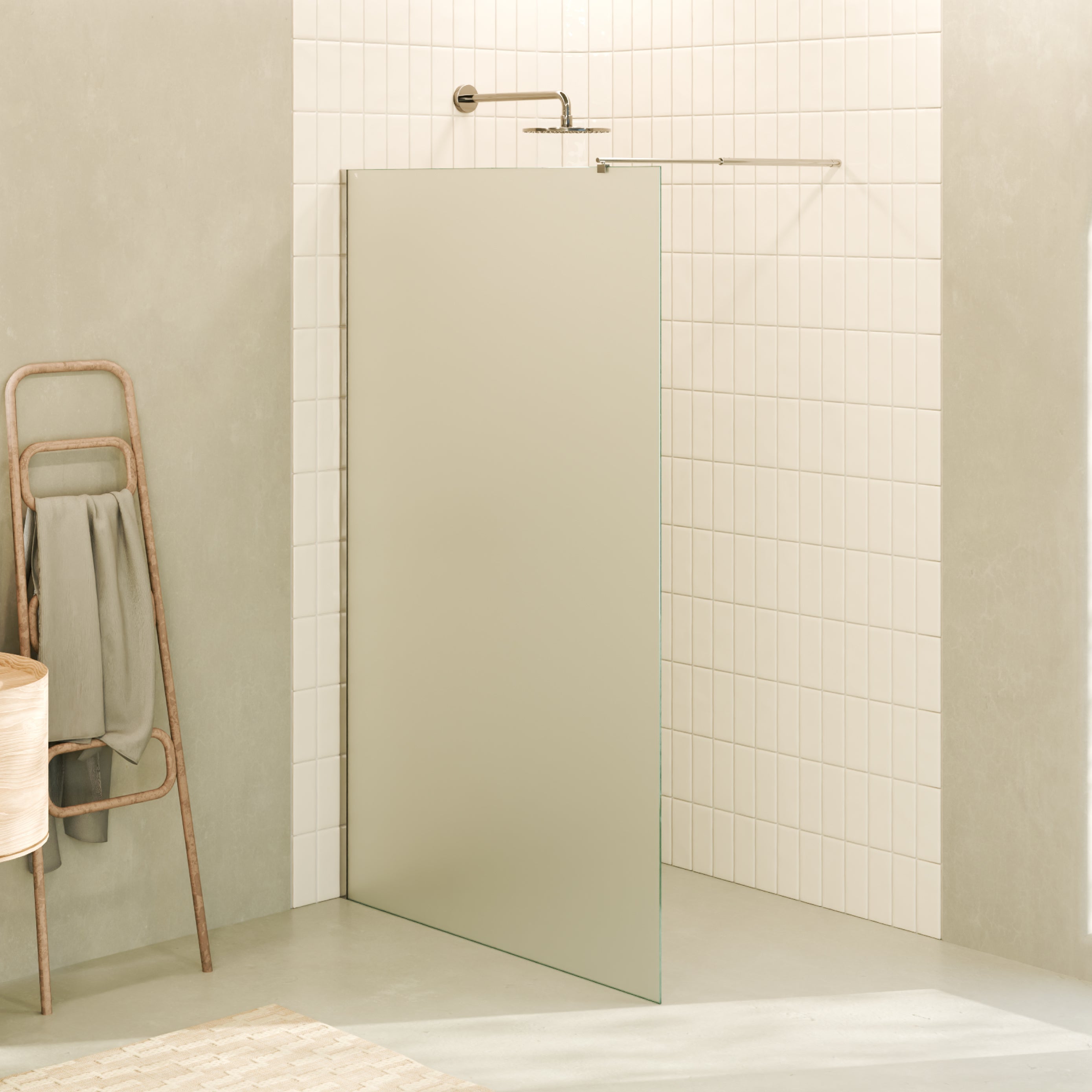 FIONA - Painel de duche walk-In em vidro fosco 10mm com perfil e barra estabilizadora cromado