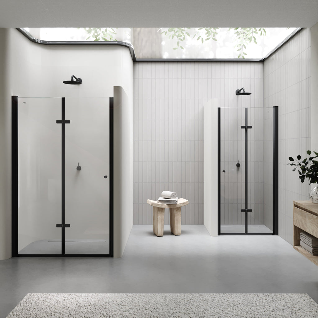 MILA - Puerta plegable en vidrio templado de 6 mm con perfiles negros - Varios tamaños