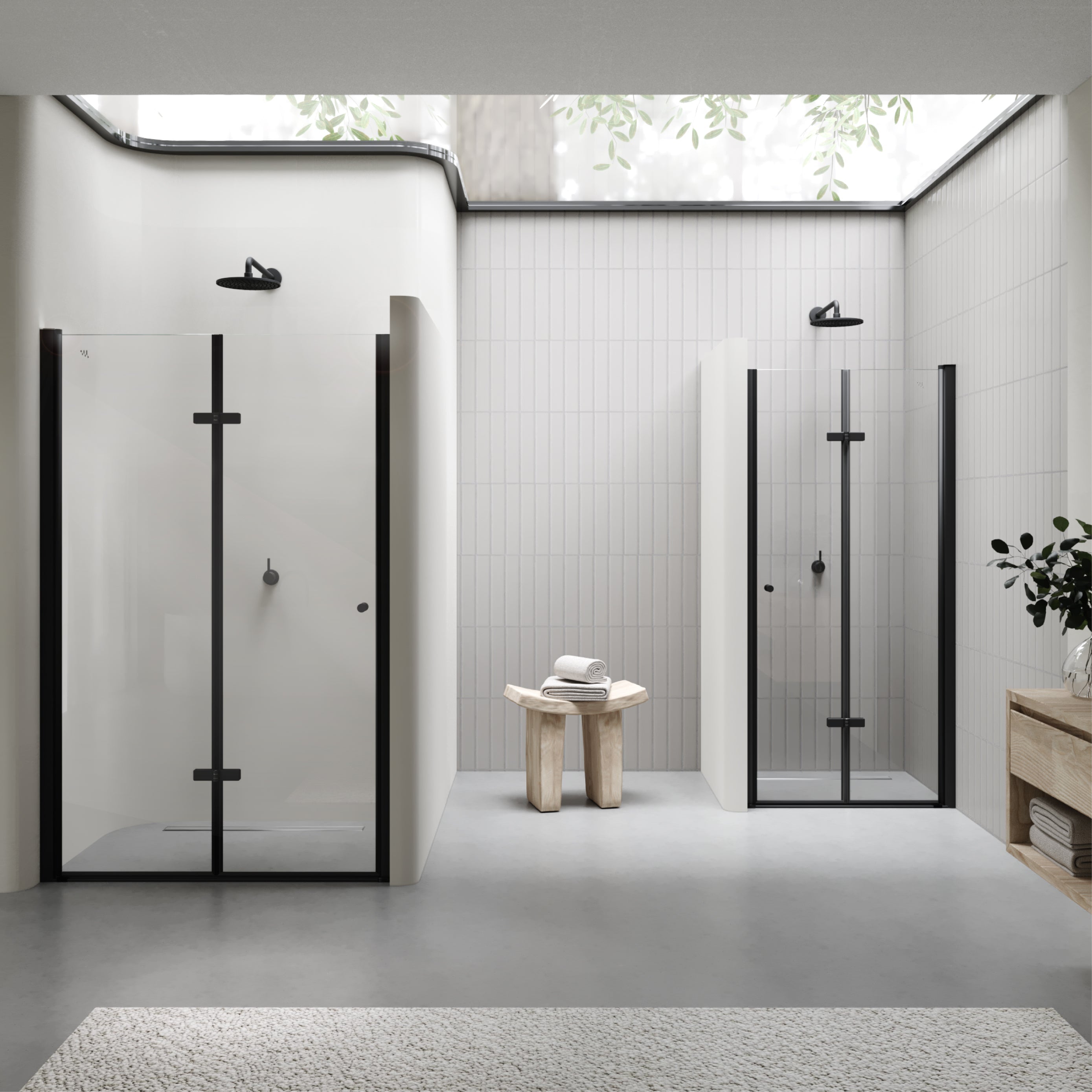 MILA - Puerta plegable en vidrio templado de 6 mm con perfiles negros - Varios tamaños