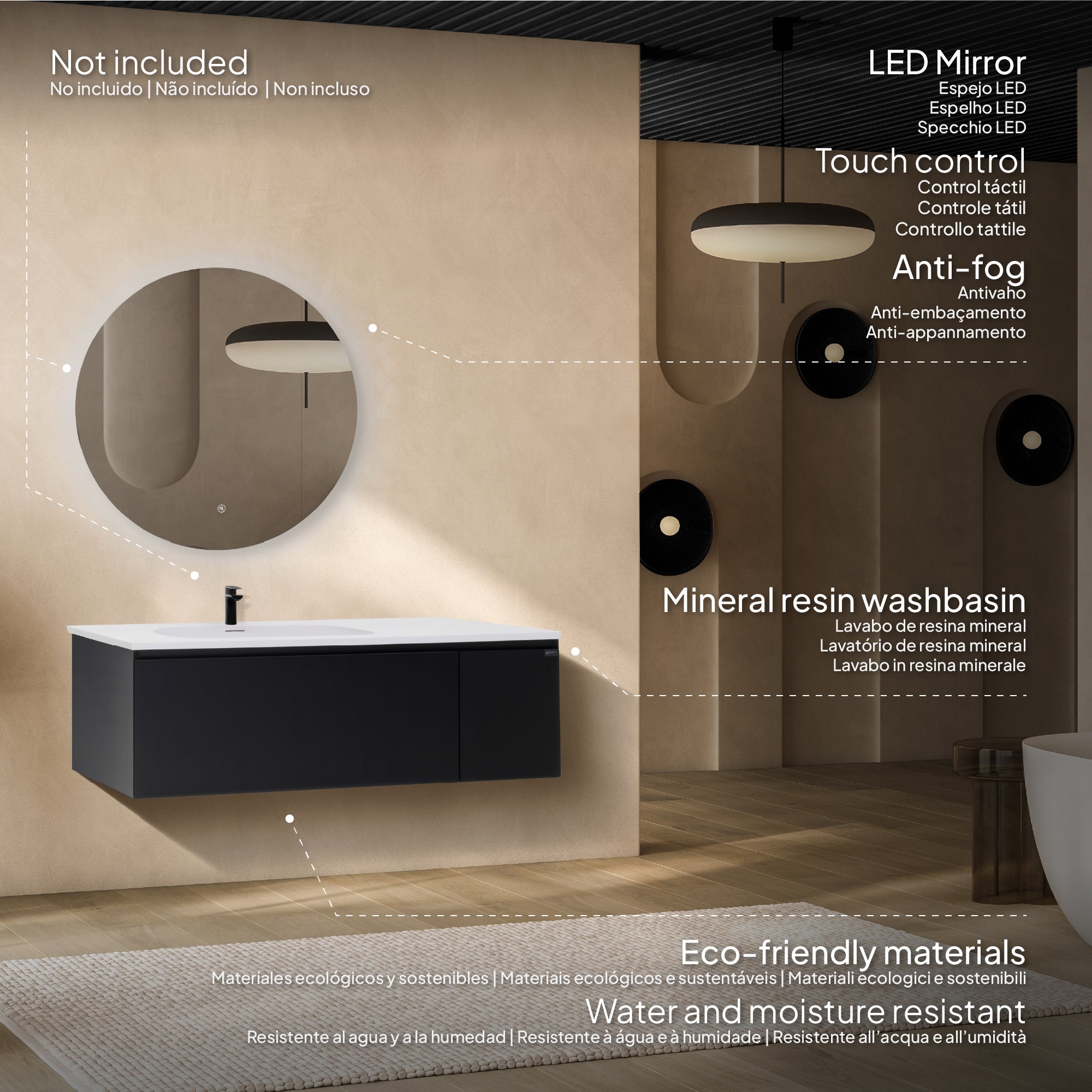 Dafne - Mobile lavabo sospeso 120 cm in nero opaco con soft-close