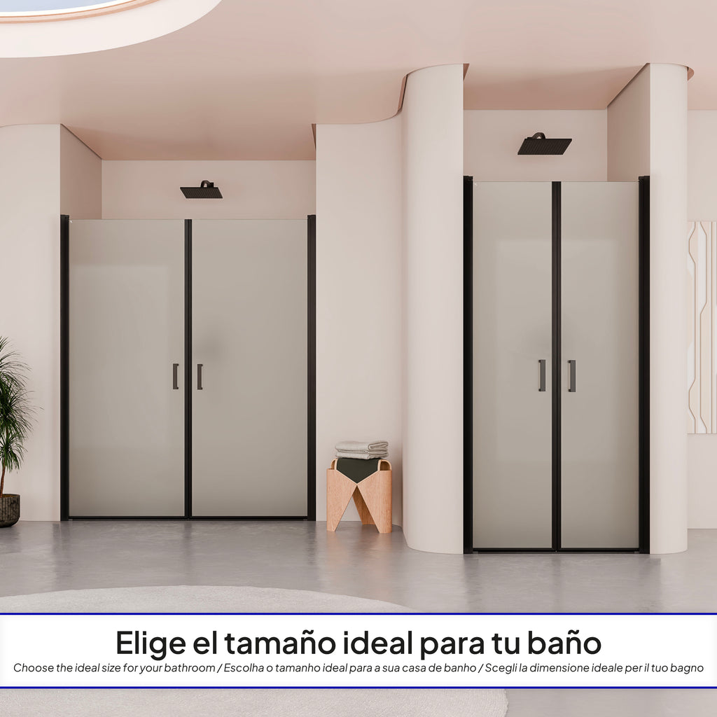 LARA - Frontal de duche em vidro temperado fosco de 6 mm, portas batentes e perfis pretos