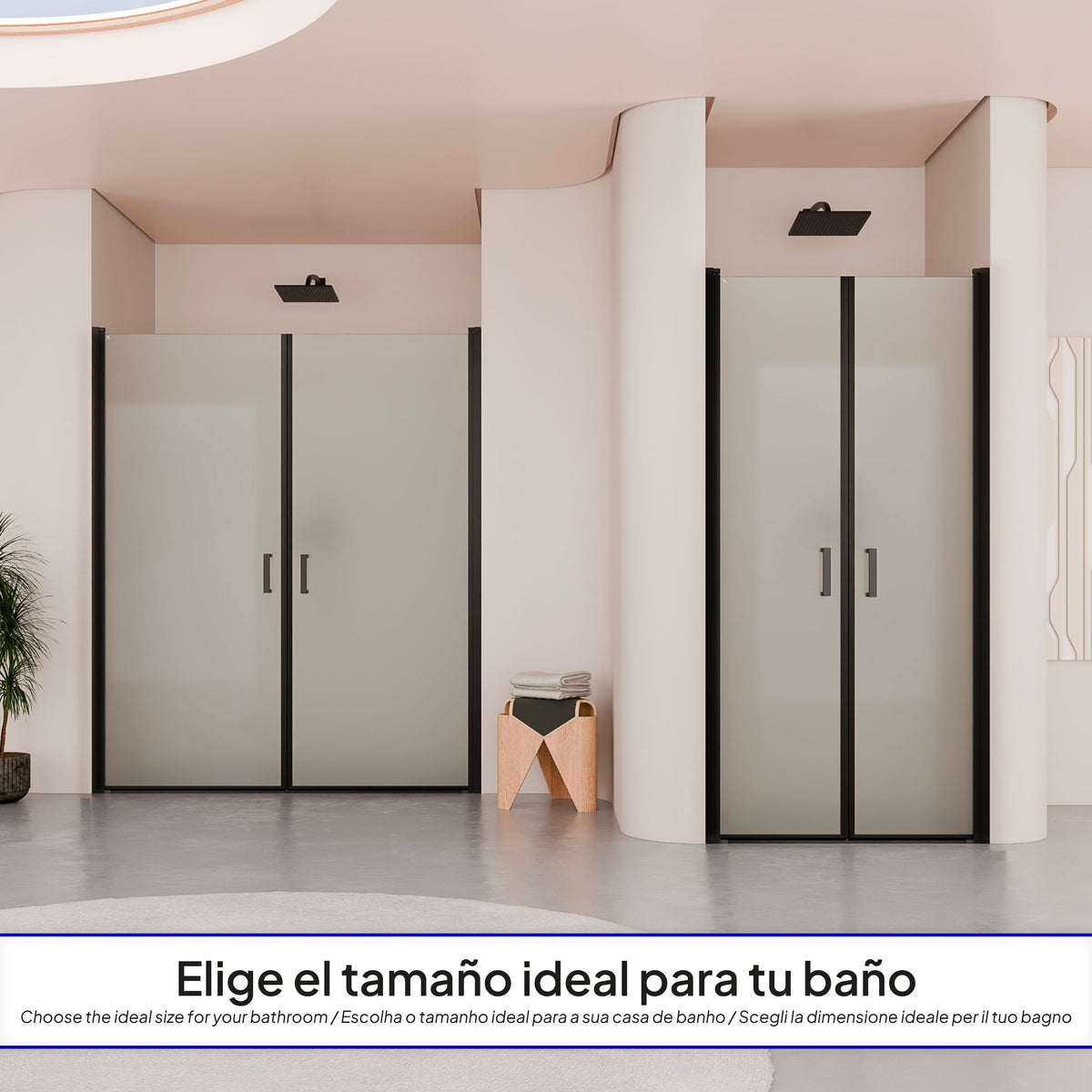 LARA - Frontal de duche em vidro temperado fosco de 6 mm, portas batentes e perfis pretos