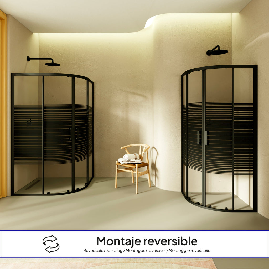 ELLA - Cabina de ducha de cuadrante con vidrio transparente, líneas negras y puertas correderas