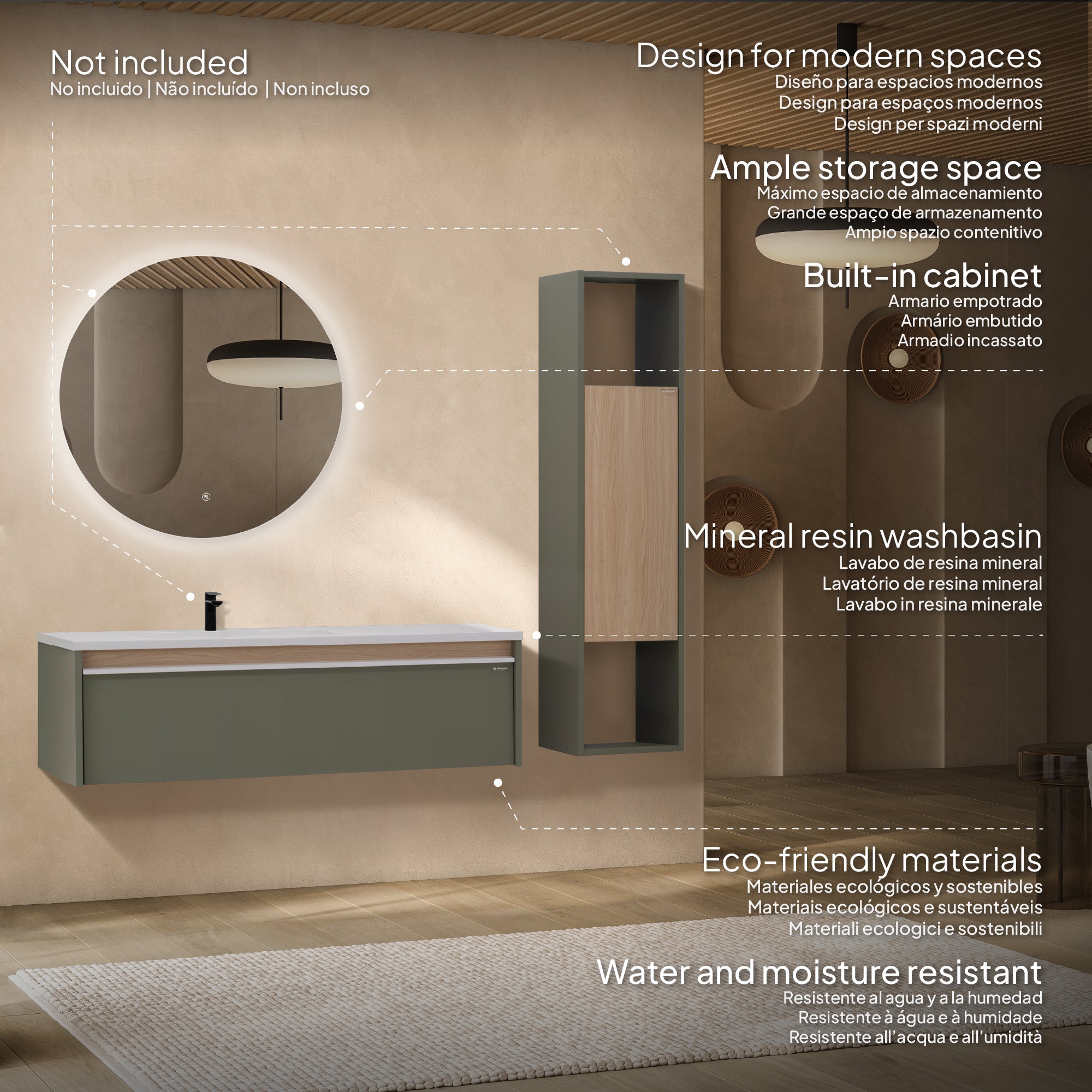 Nereia - Mueble de lavabo suspendido 120 cm con cajón soft-close