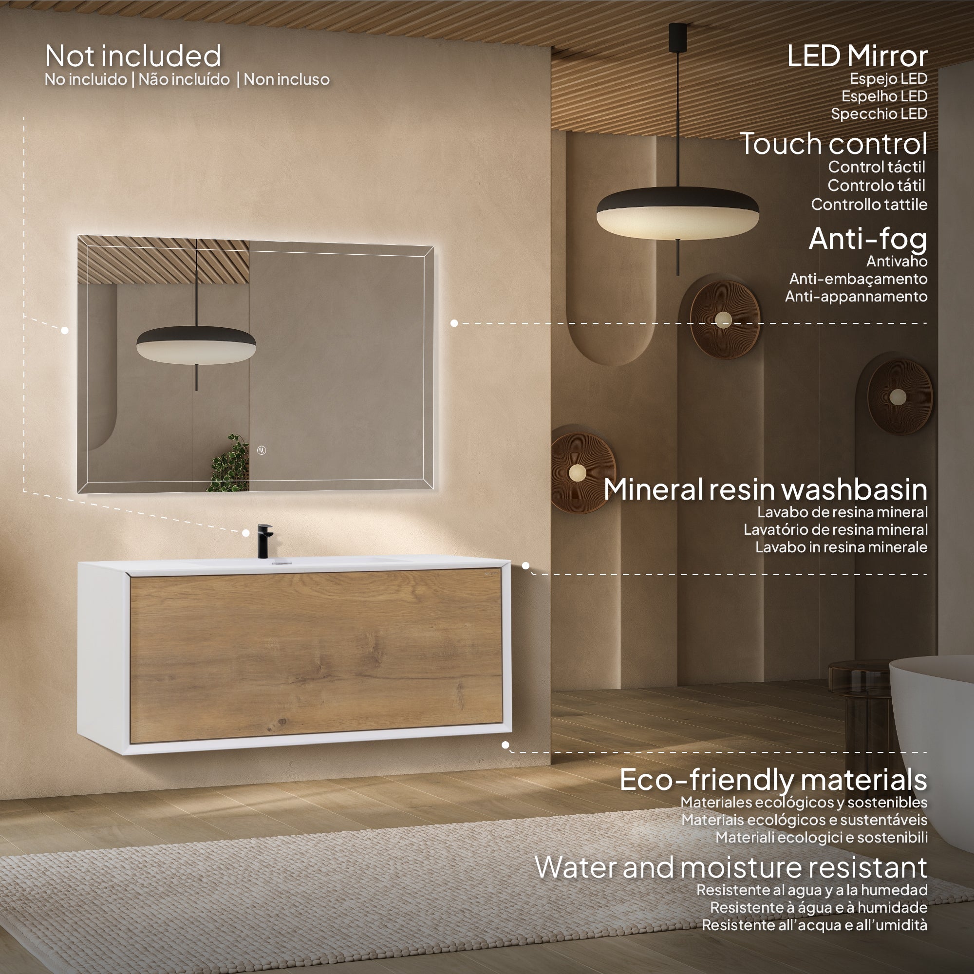 Hebe - Mueble de lavabo suspendido 90 cm blanco mate/roble con soft-close