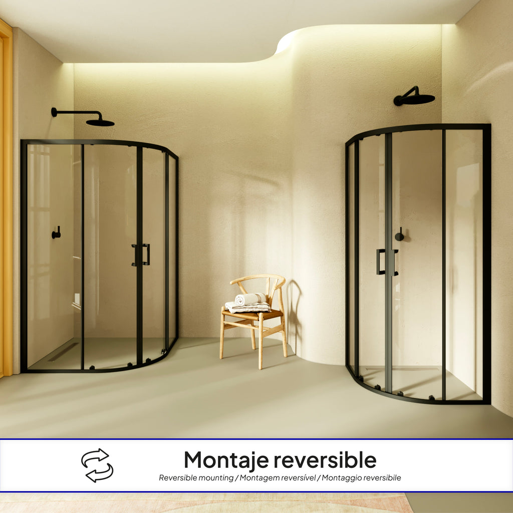 ELLA - Cabina de ducha de cuadrante en vidrio transparente, puertas correderas y perfiles en negro