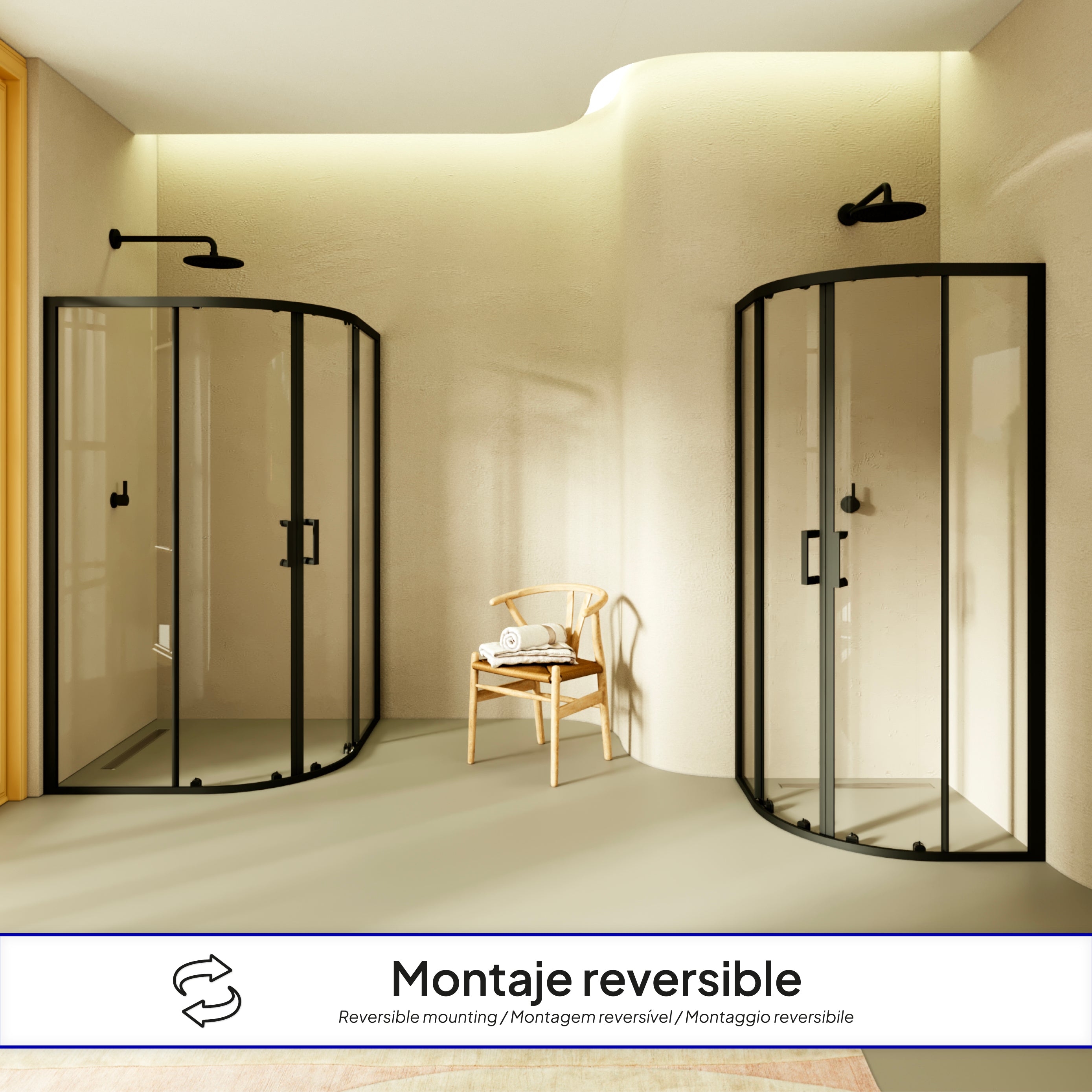 ELLA - Cabina de ducha de cuadrante en vidrio transparente, puertas correderas y perfiles en negro