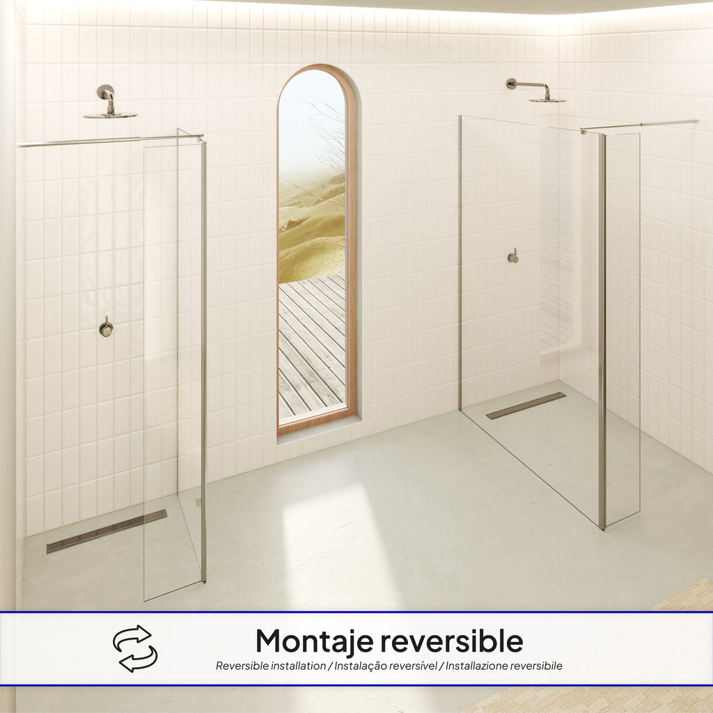 FIONA - Painel de duche walk-In com painel lateral giratório 40 cm em vidro transparente 10mm com perfil e barra estabilizadora cromado