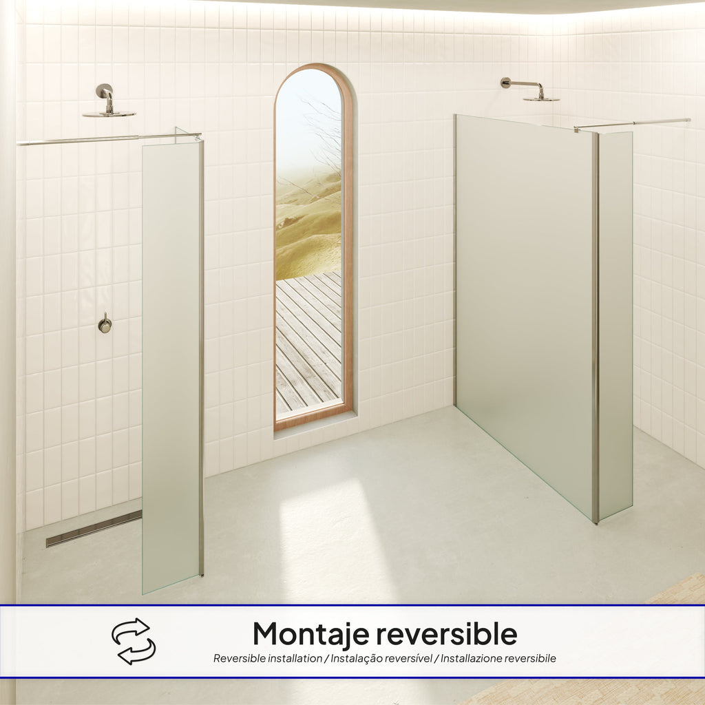 FIONA - Painel de duche walk-In com painel lateral giratório 40 cm em vidro satinado 10mm com perfil e barra estabilizadora cromado