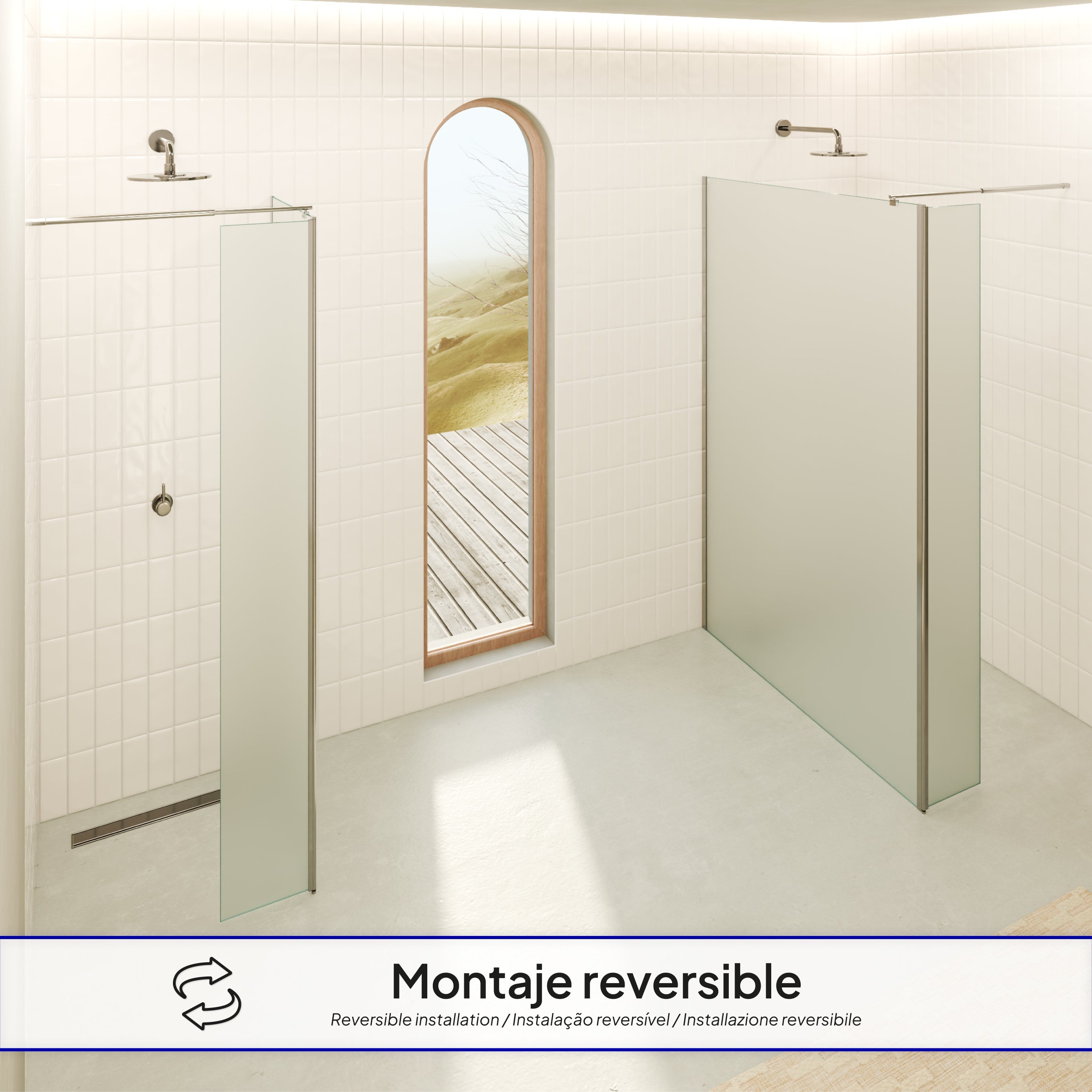 FIONA - Painel de duche walk-In com painel lateral giratório 40 cm em vidro satinado 10mm com perfil e barra estabilizadora cromado