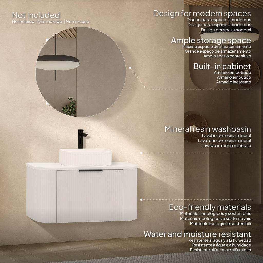 Maia - Mueble de lavabo suspendido con cajones soft-close | 90 cm | Blanco acanalado
