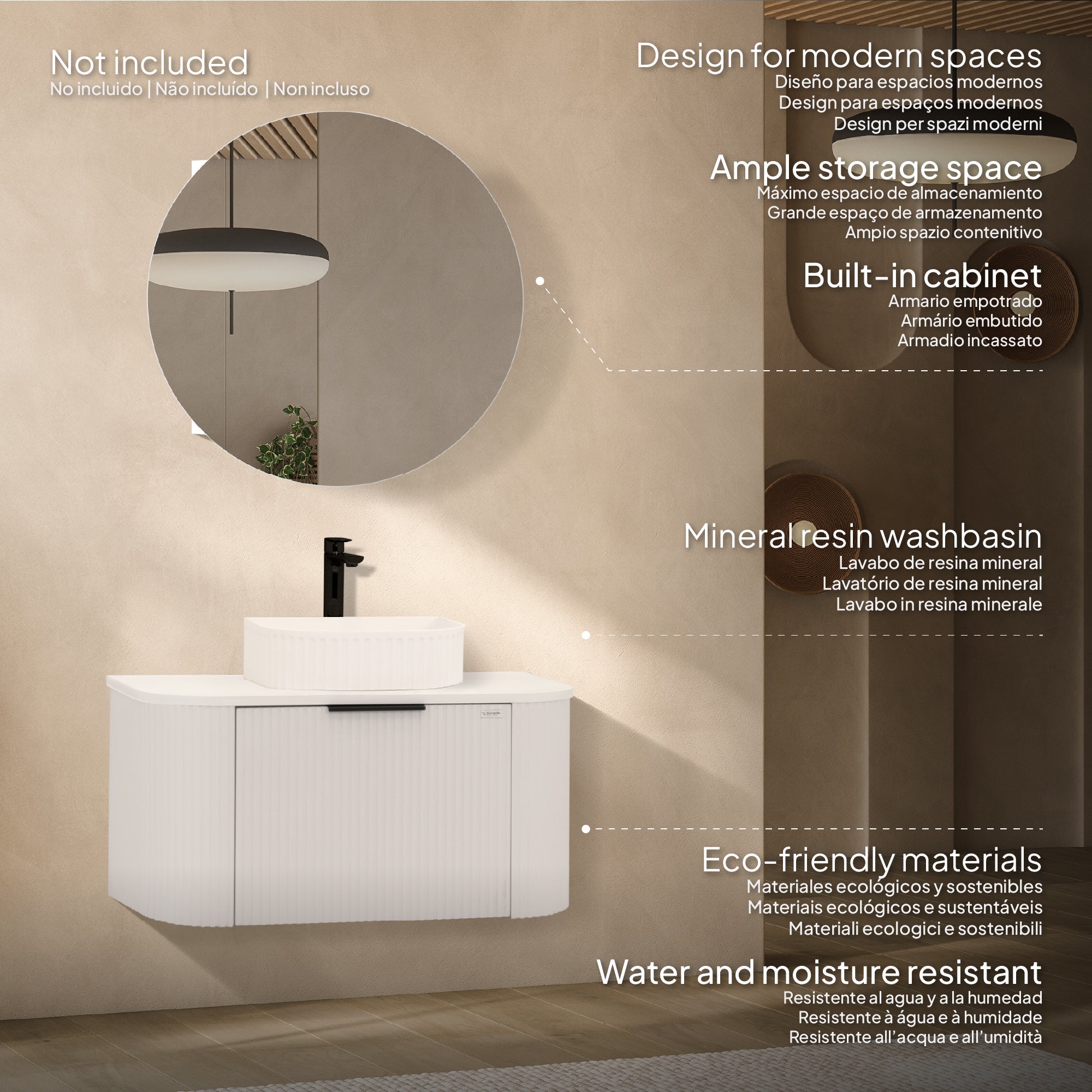 Maia - Mueble de lavabo suspendido con cajones soft-close | 90 cm | Blanco acanalado