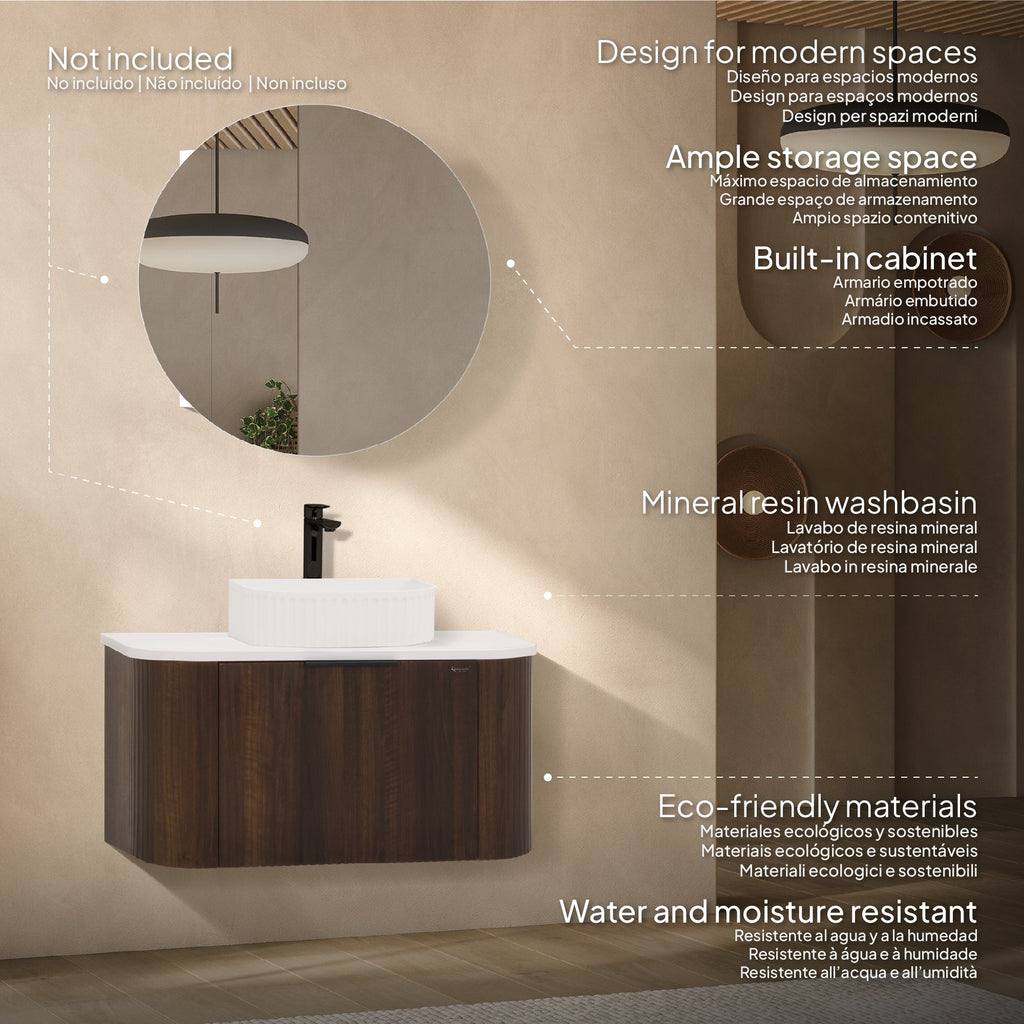 Maia - Mueble de lavabo suspendido con cajones soft-close | 90 cm | Blanco acanalado