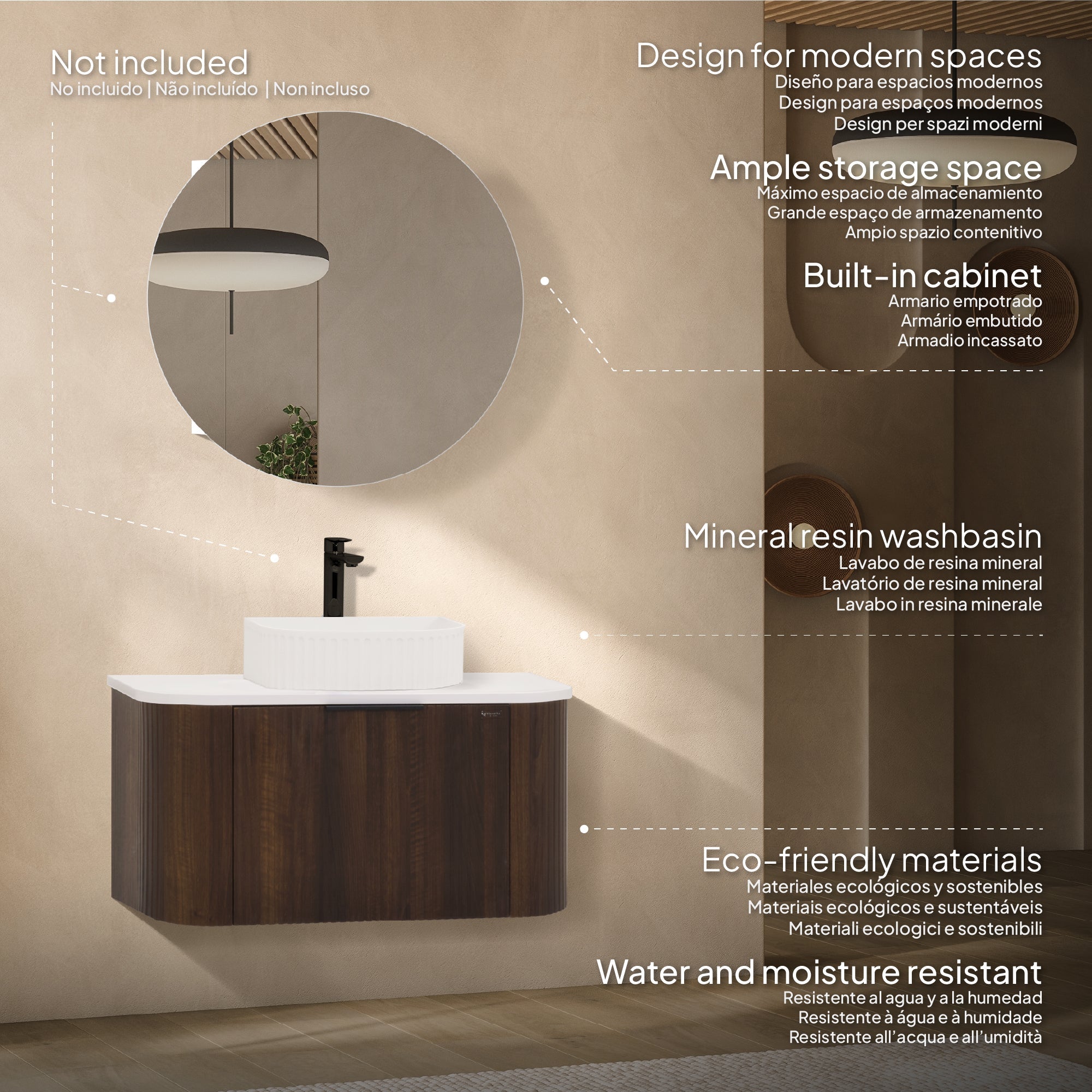 Maia - Mueble de lavabo suspendido con cajones soft-close | 90 cm | Blanco acanalado
