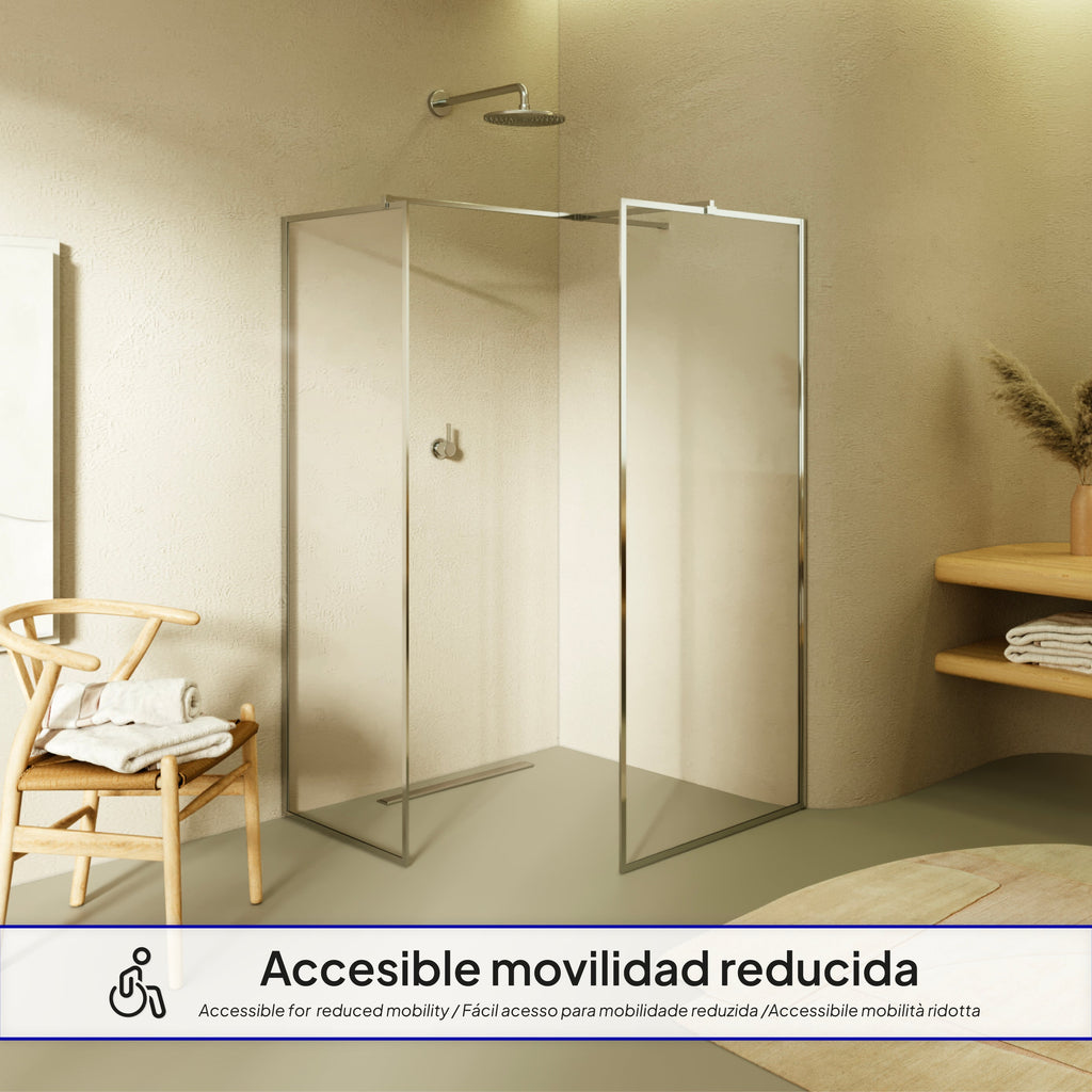 GIANNA - Panel de Ducha Walk-In con 2 Paneles en Vidrio Templado y Perfil Cromado con Barra Estabilizadora