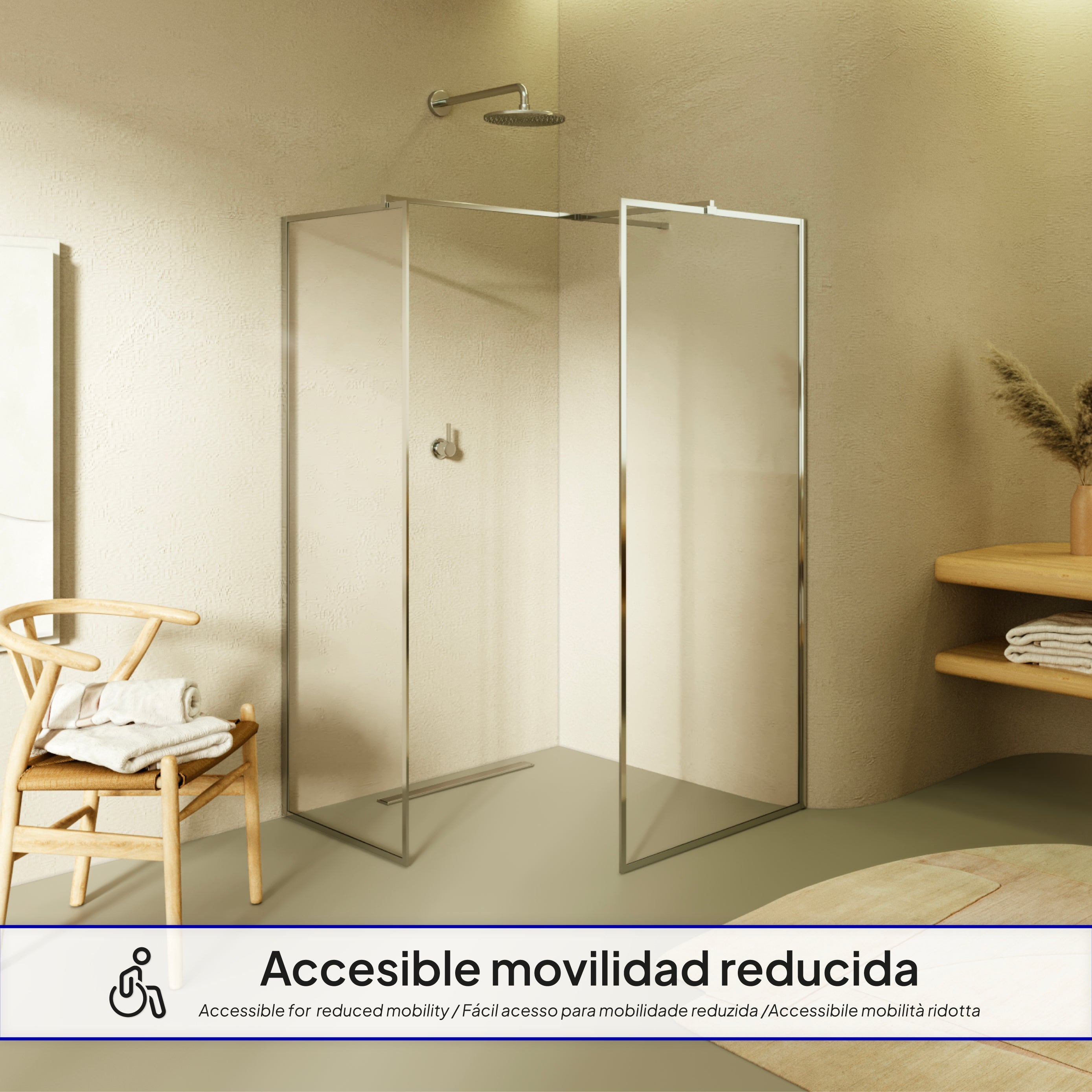 GIANNA - Panel de Ducha Walk-In con 2 Paneles en Vidrio Templado y Perfil Cromado con Barra Estabilizadora