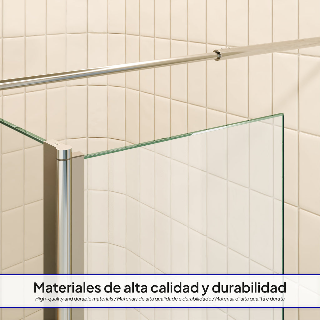 FIONA - Painel de duche walk-In com painel lateral giratório 40 cm em vidro transparente 10mm com perfil e barra estabilizadora cromado