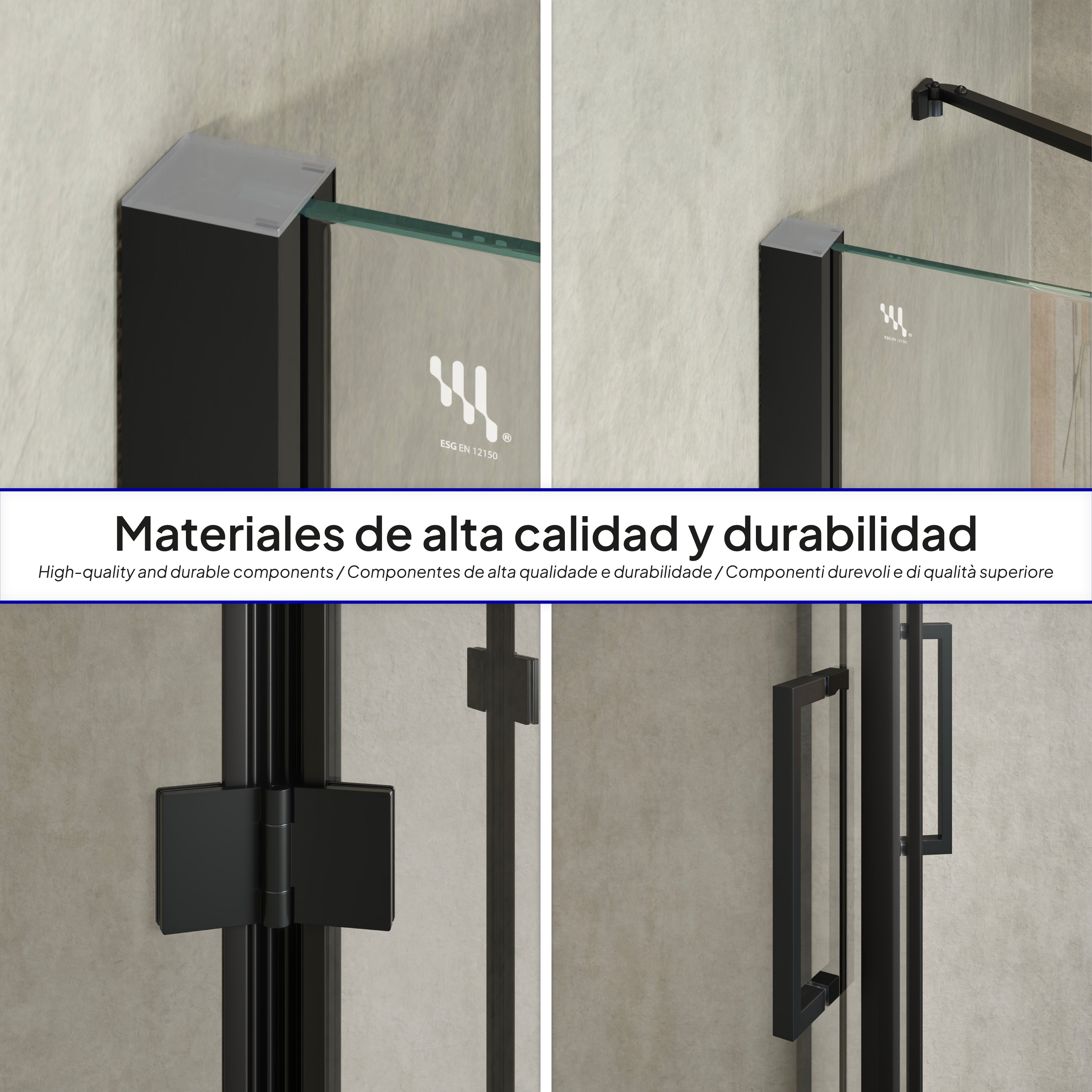 CELINE - Cabine de duche de canto com portas articuladas em vidro temperado e perfis pretos