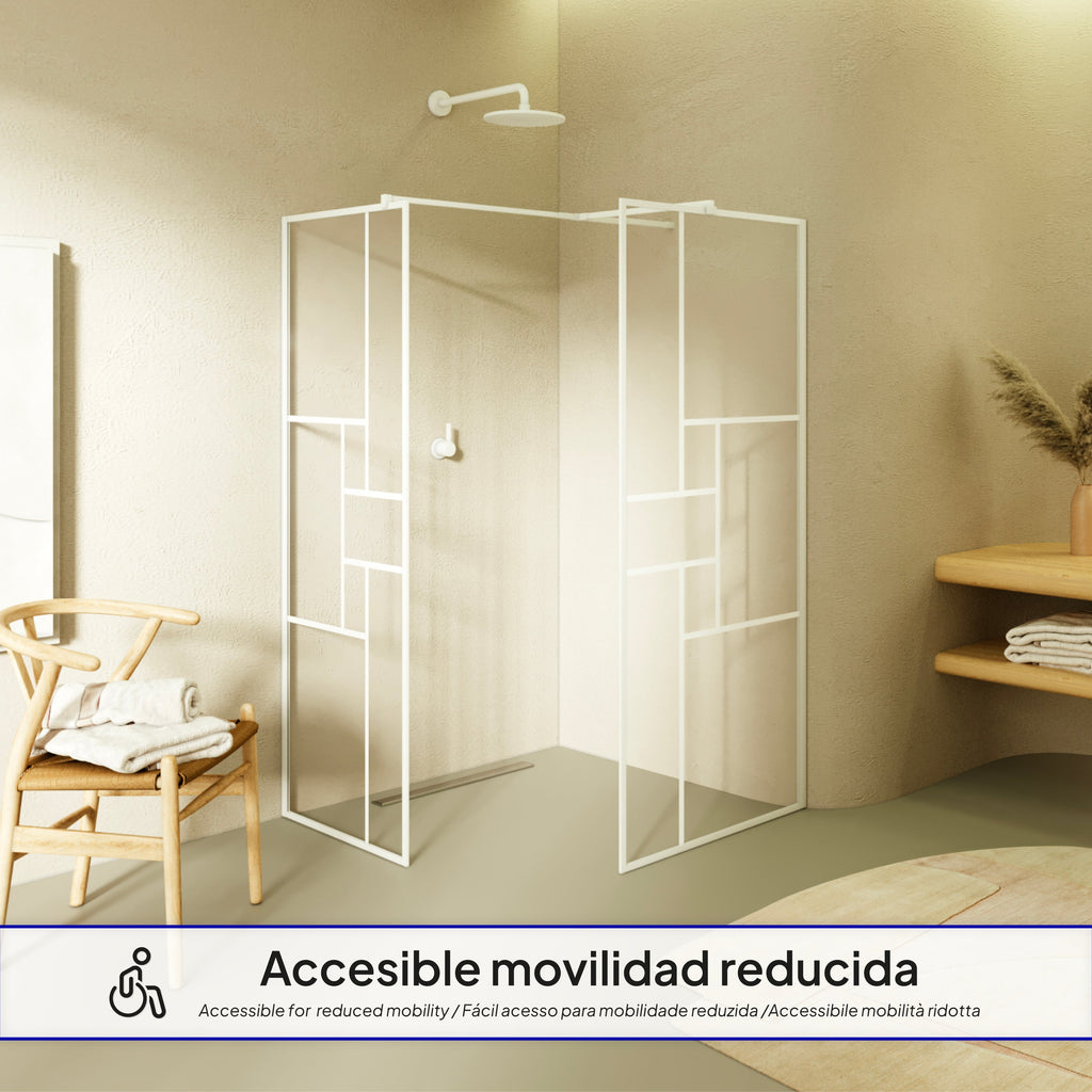 GIANNA – Painel de duche walk-In com 2 painéis em vidro temperado c/ blocos e perfil branco com barra estabilizadora