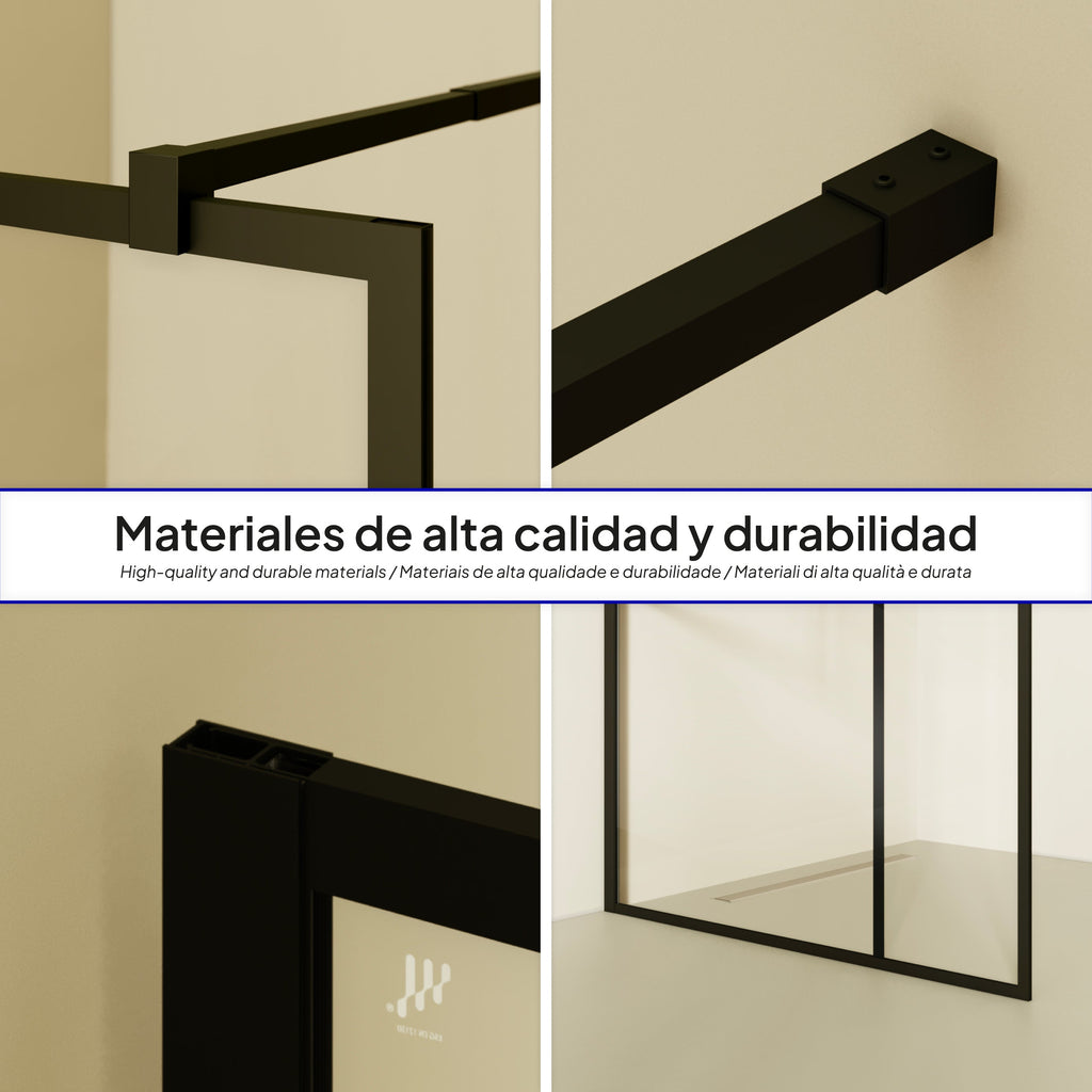 GIANNA - Panel de Ducha Walk-In en Vidrio Templado con Bloques, Perfil Negro y Barra Estabilizadora