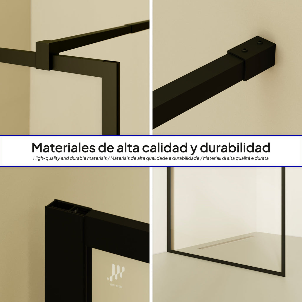 GIANNA - Panel de Ducha Walk-In en Vidrio Templado con Perfil Negro y Barra Estabilizadora